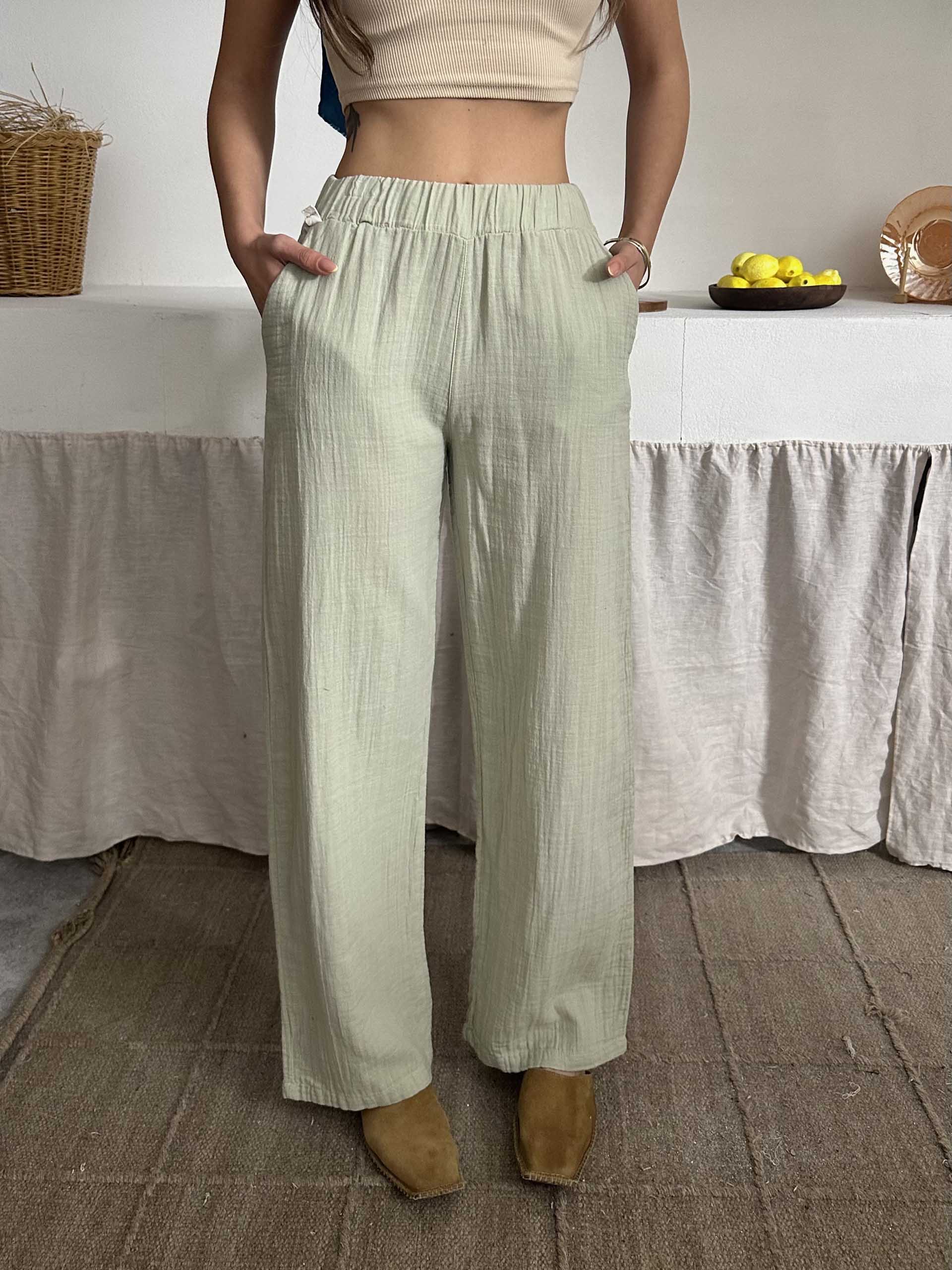 Talia Organik Müslin Kumaş Pantolon Mint Yeşili