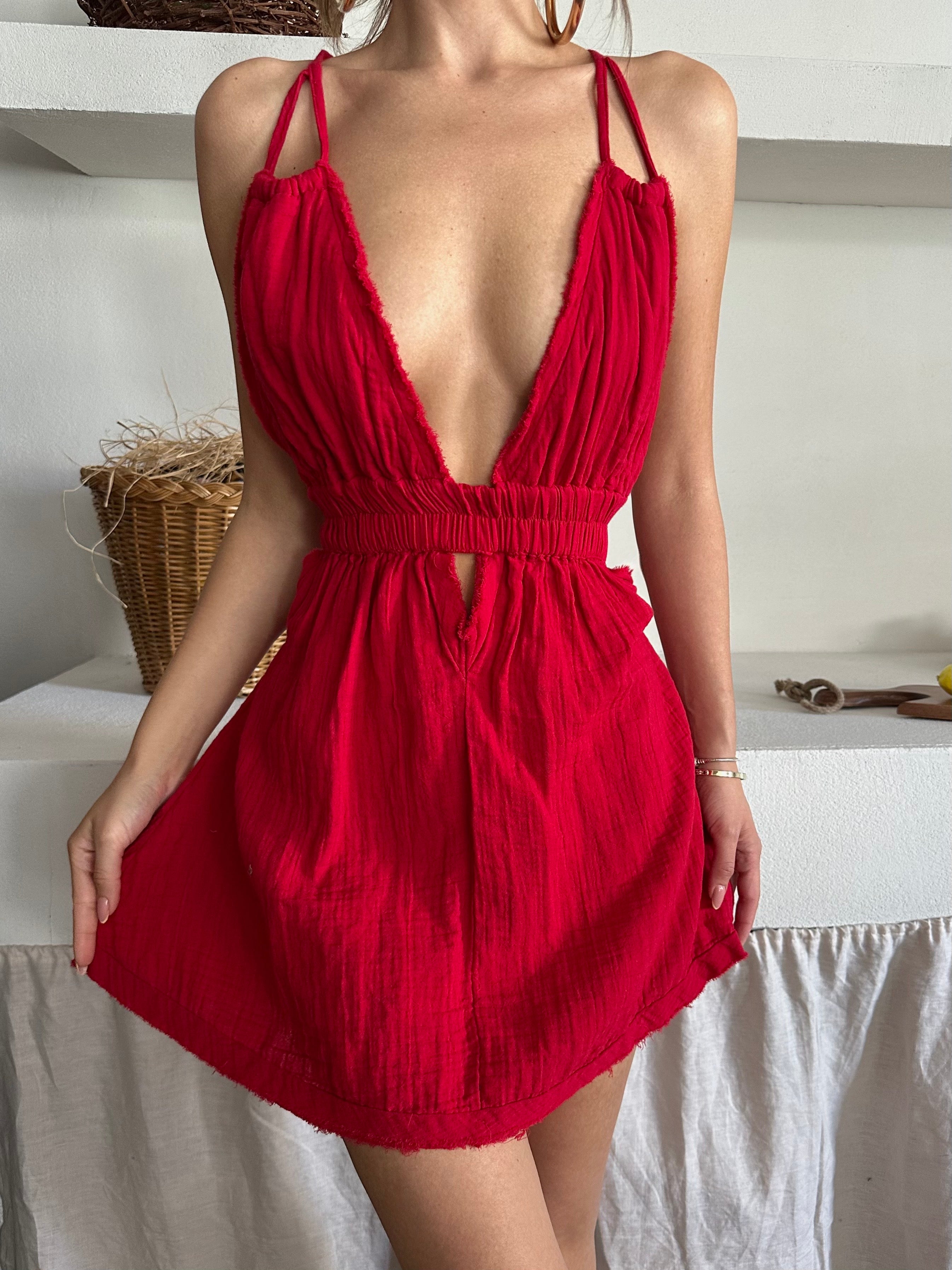 Alfrida İp Askılı Müslin Kumaş Elbise Kırmızı