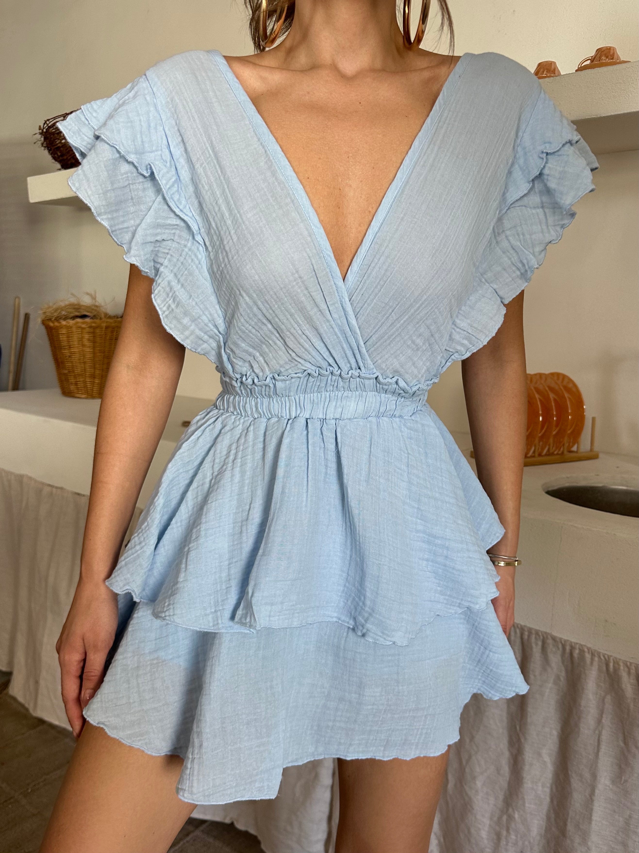 Emma V Yaka Müslin Kumaş Elbise Mavi