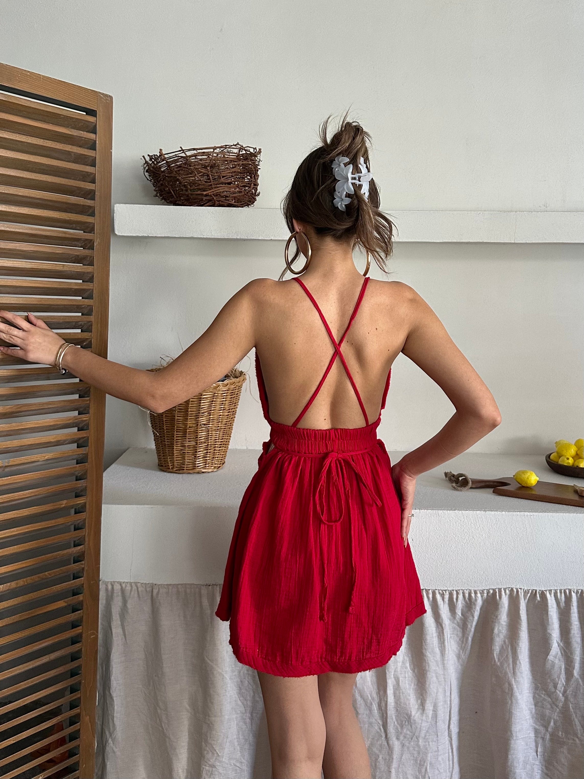 Alfrida İp Askılı Müslin Kumaş Elbise Kırmızı