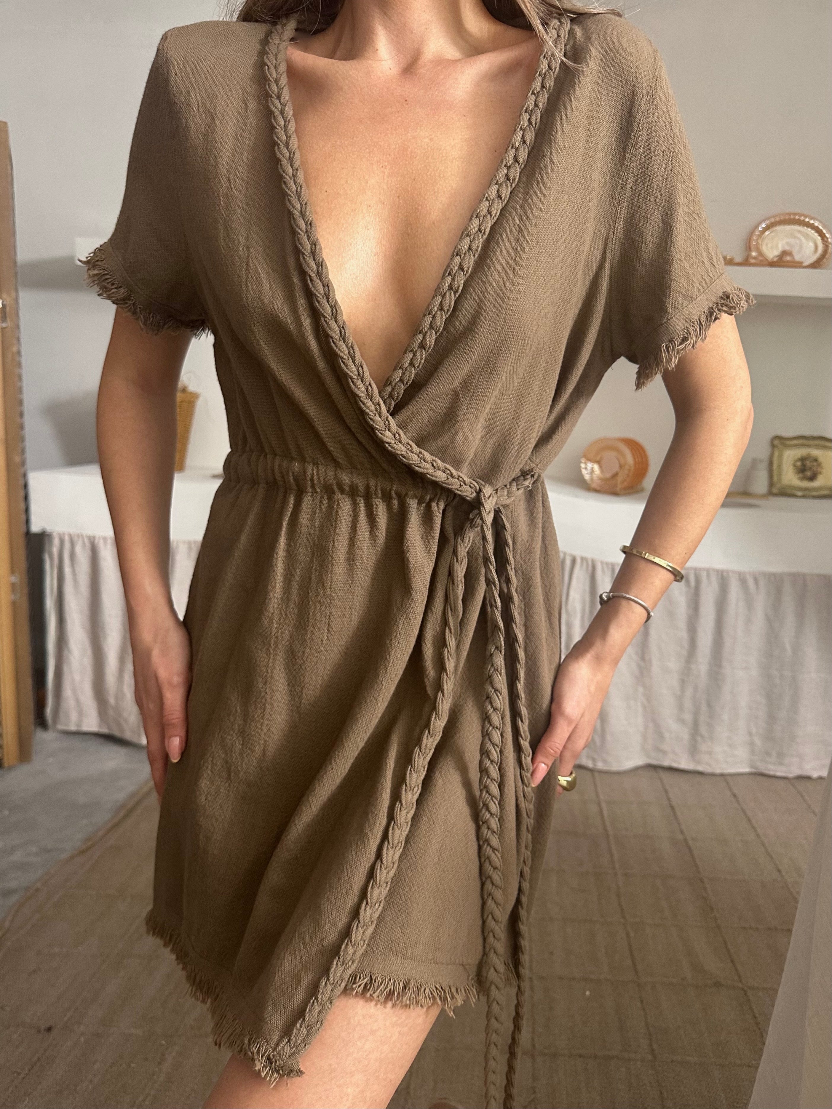 Elina Bel Bağlamalı Müslin Elbise Kahverengi