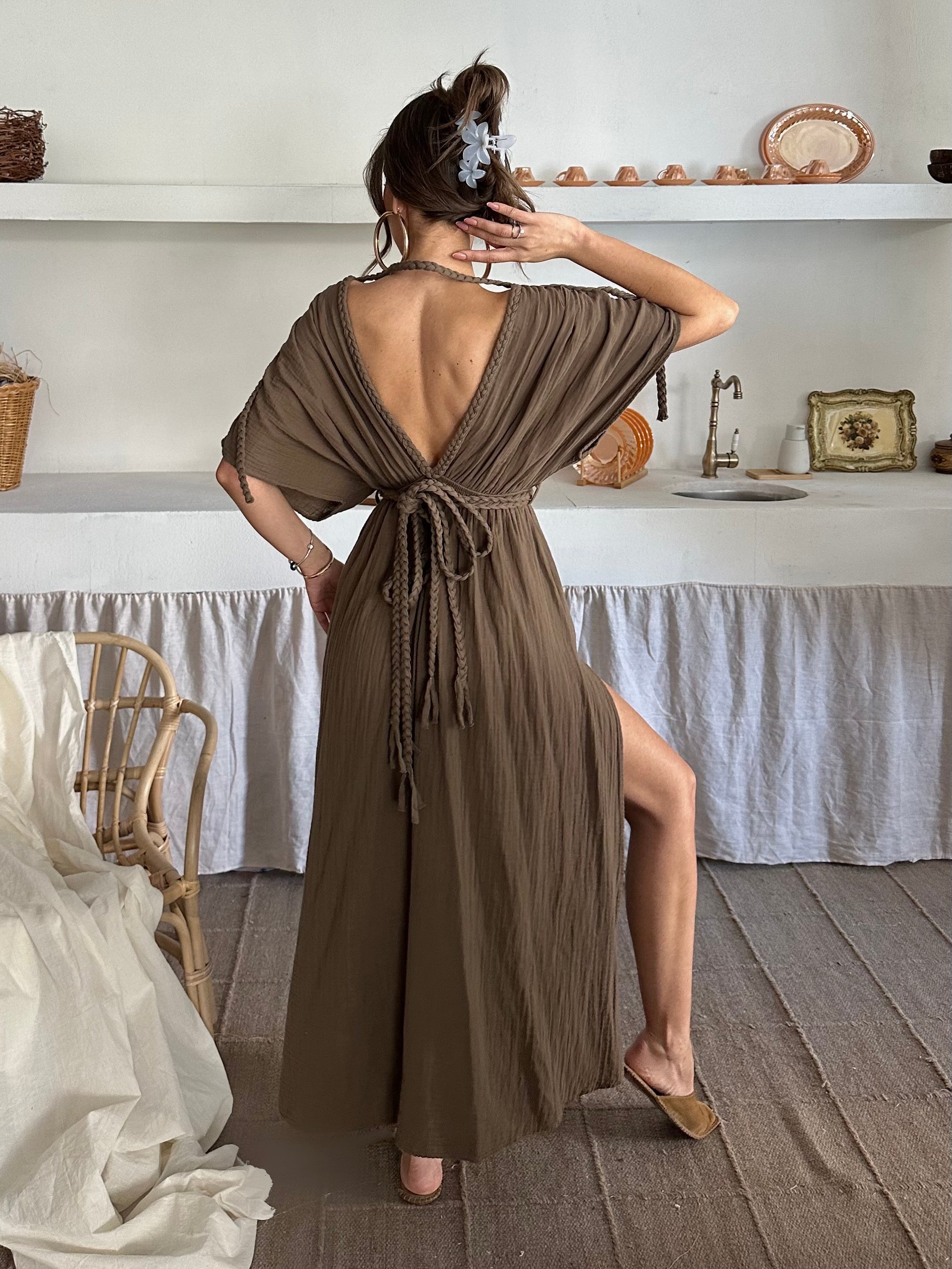 Elise V Yaka Müslin Kumaş Elbise Kahverengi