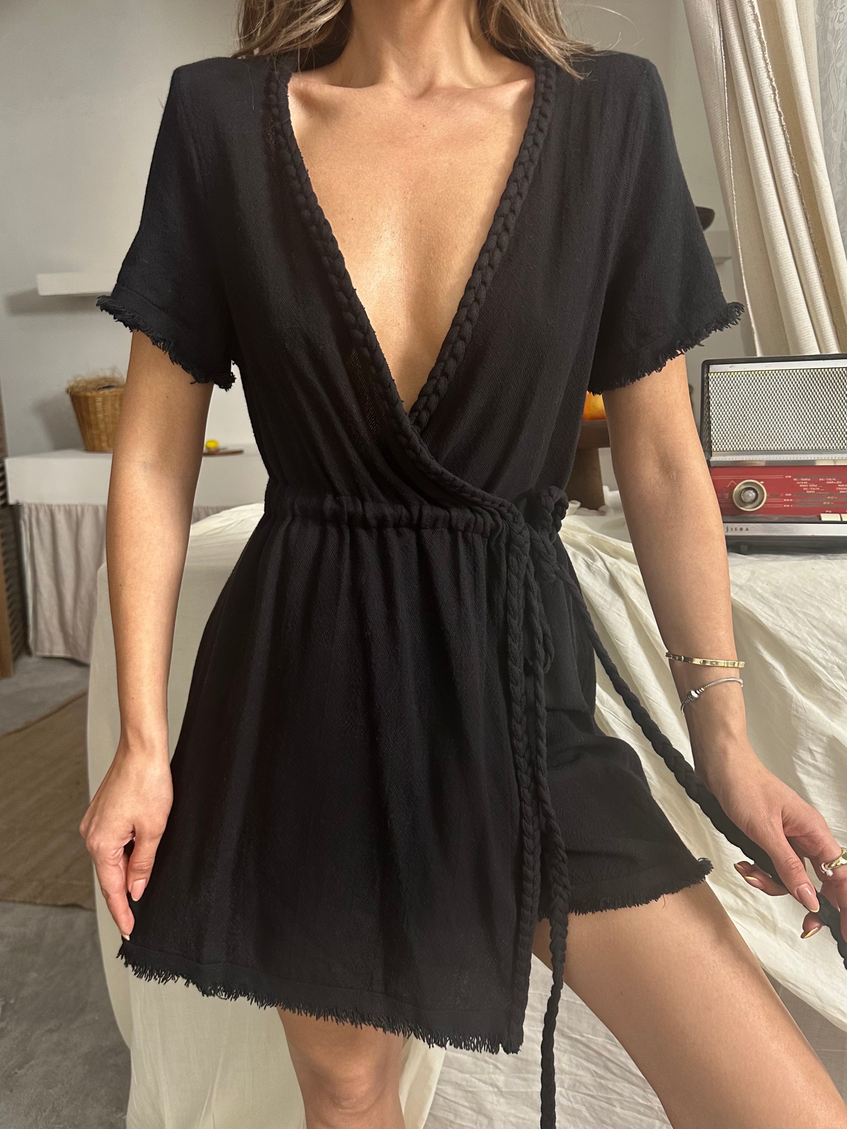 Elina Bel Bağlamalı Müslin Kumaş Elbise Siyah