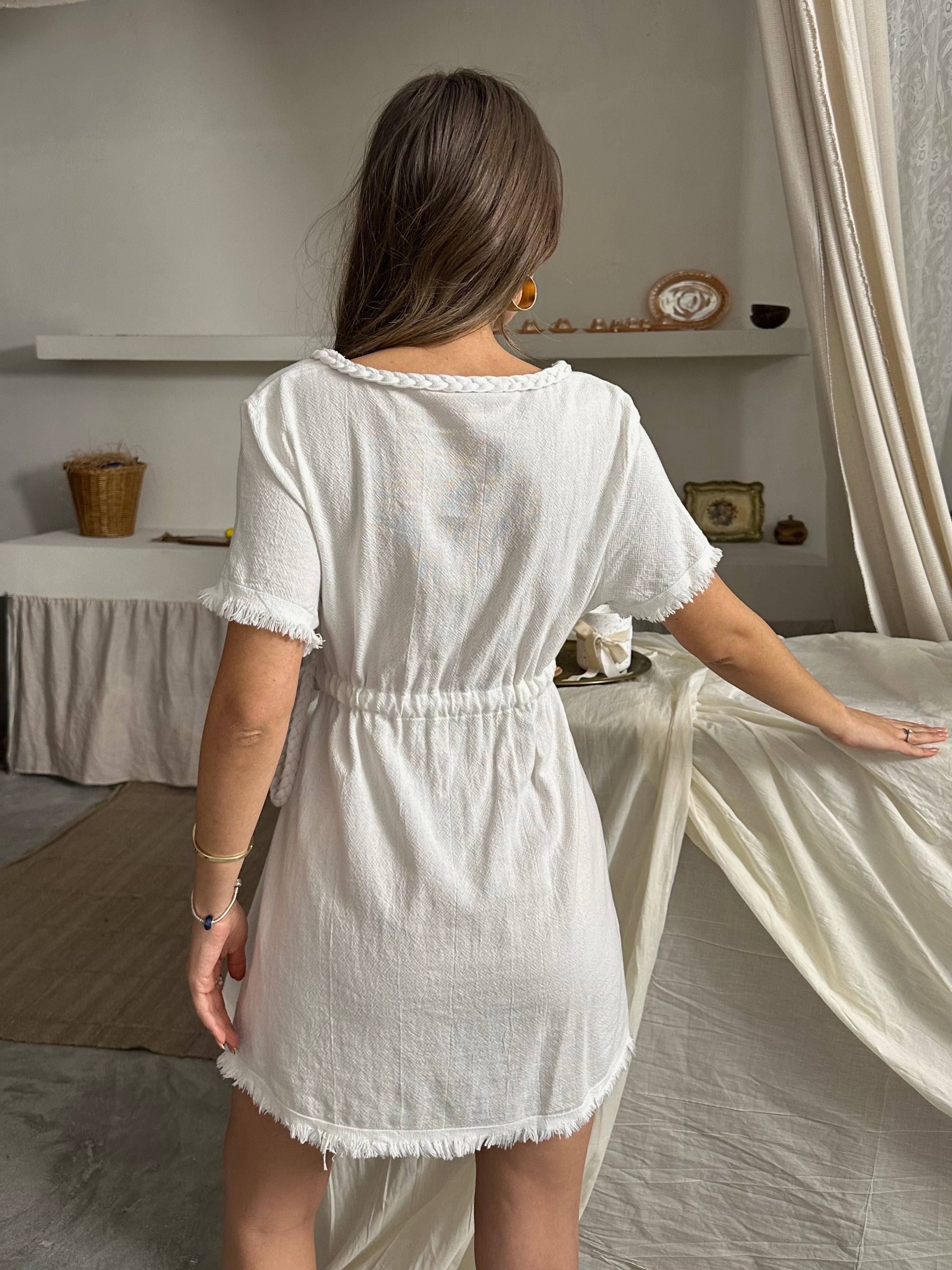 Elina Bel Bağlamalı Müslin Kumaş Elbise Beyaz