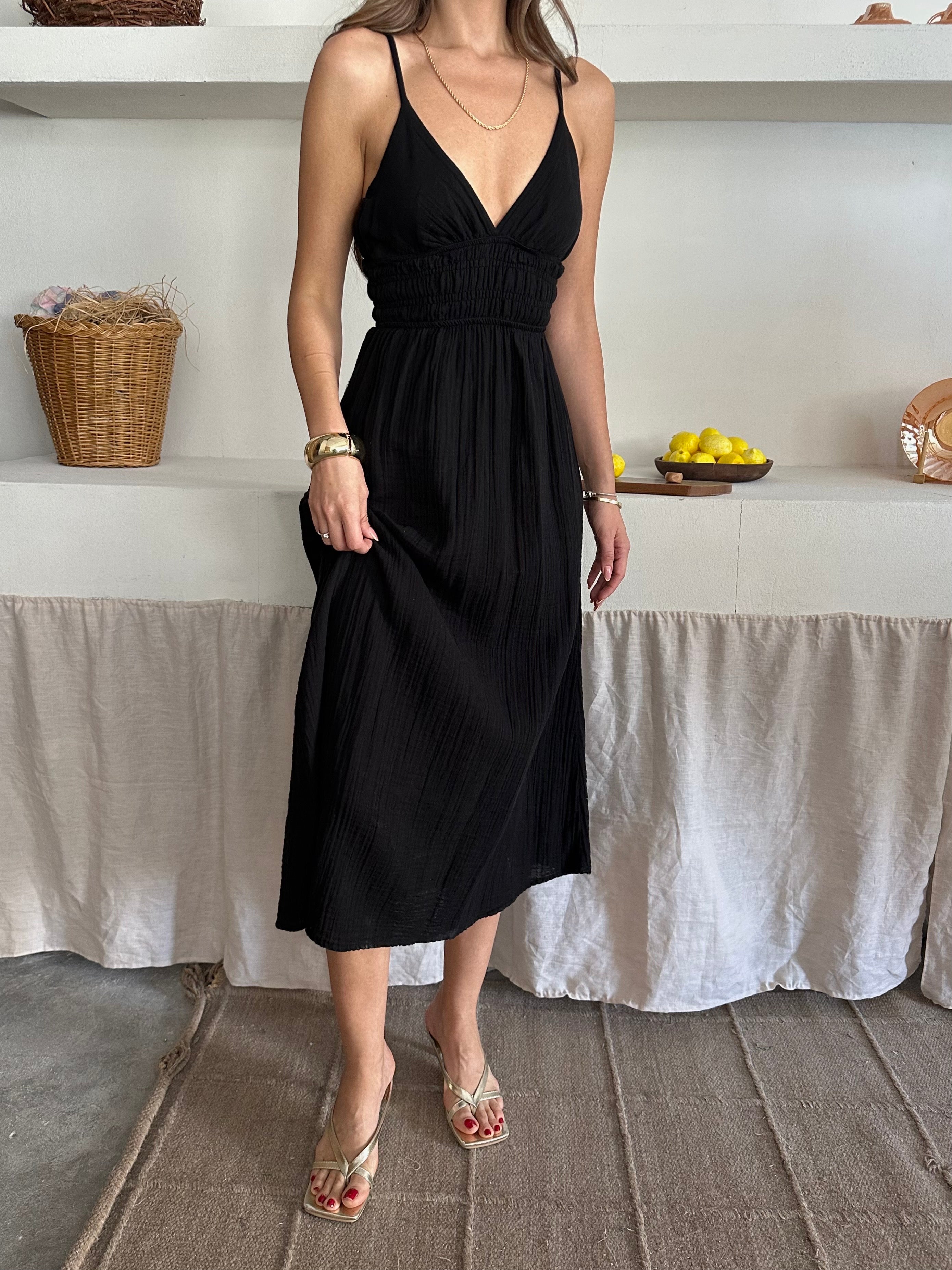 Evelina İp Askılı Müslin Kumaş Elbise Siyah