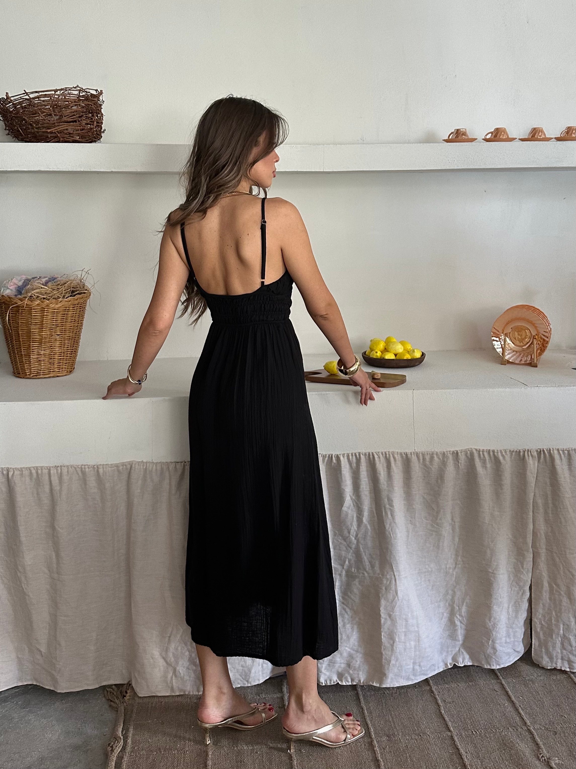 Evelina İp Askılı Müslin Kumaş Elbise Siyah