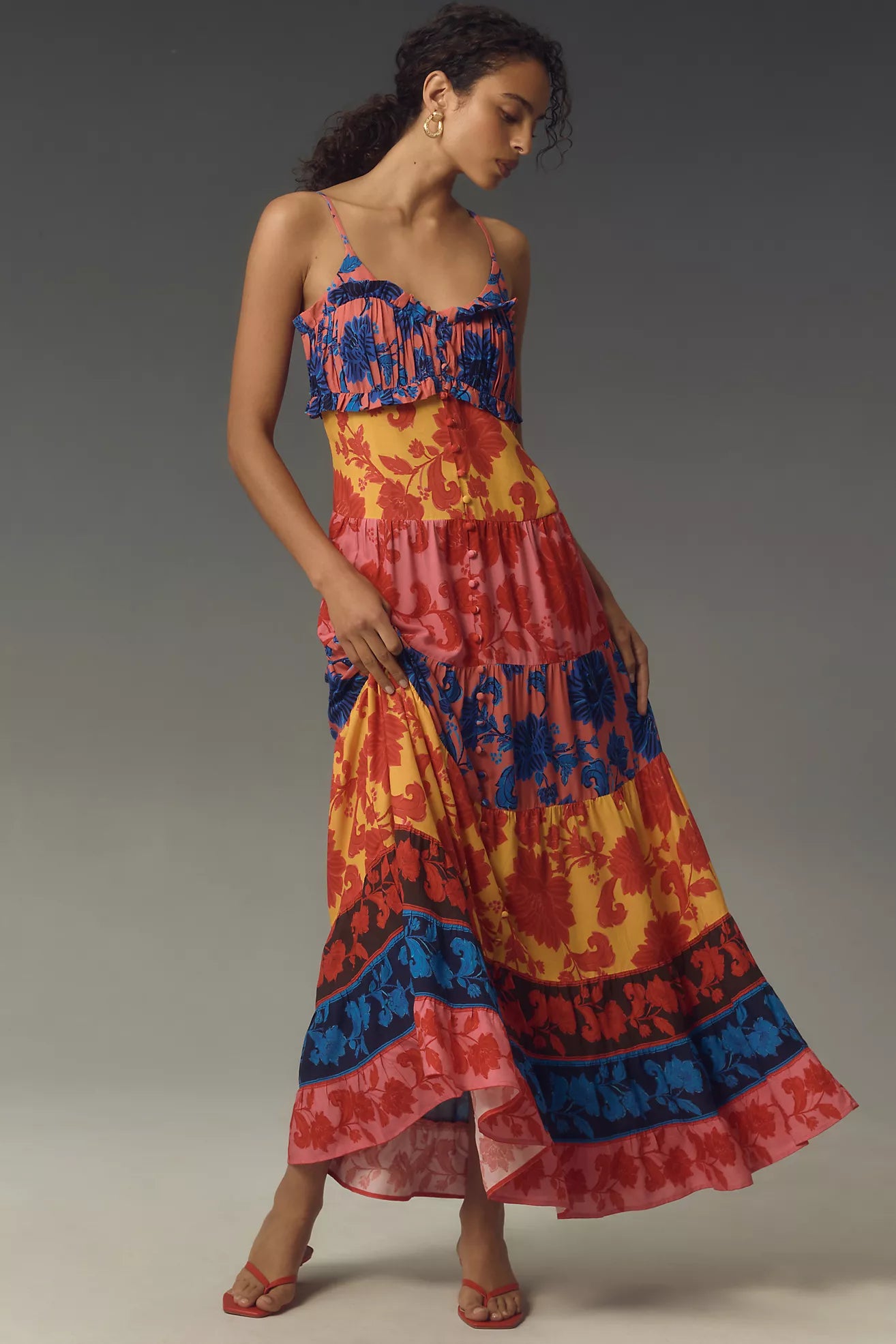 Button Front Tiered Maxi Dress