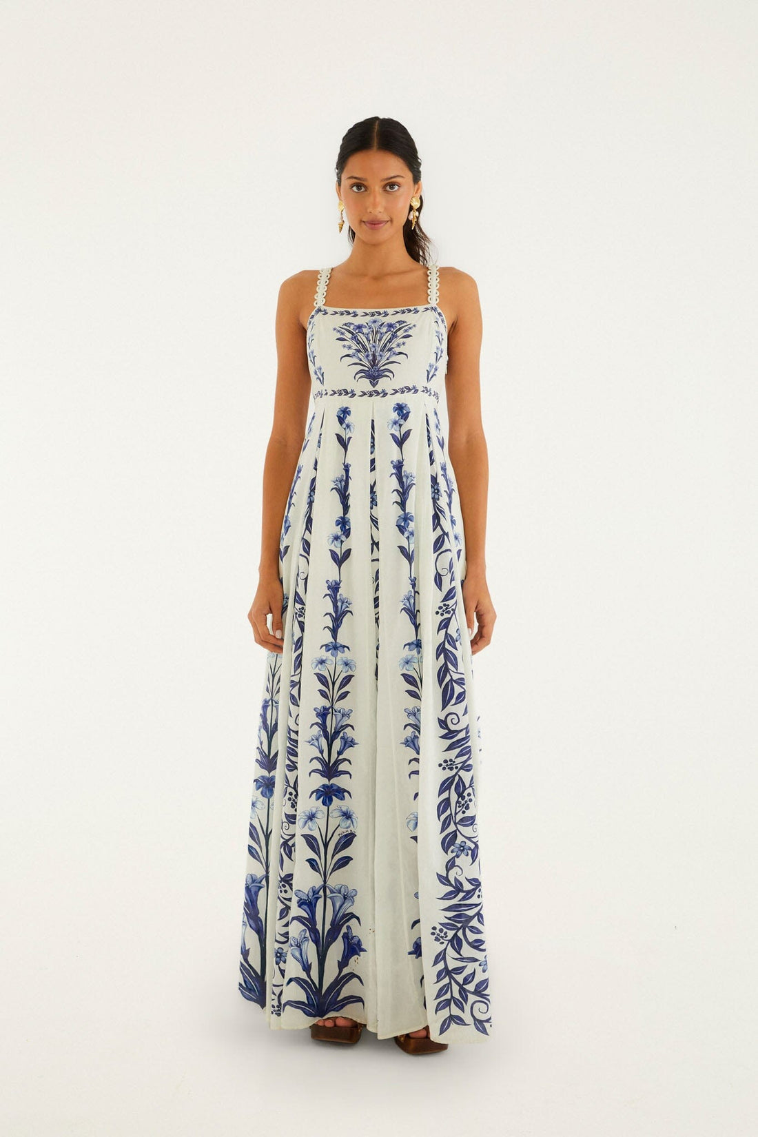 Farm Rio Off White Flowers Arch Pleats Dress