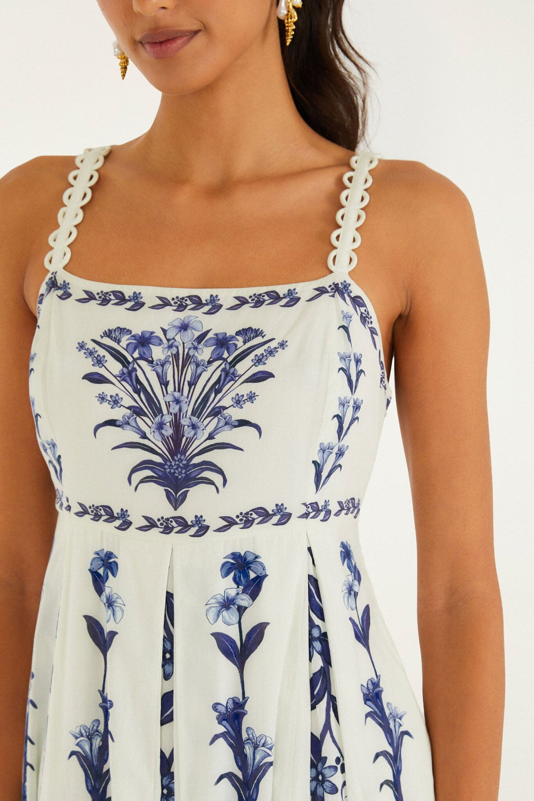 Farm Rio Off White Flowers Arch Pleats Dress