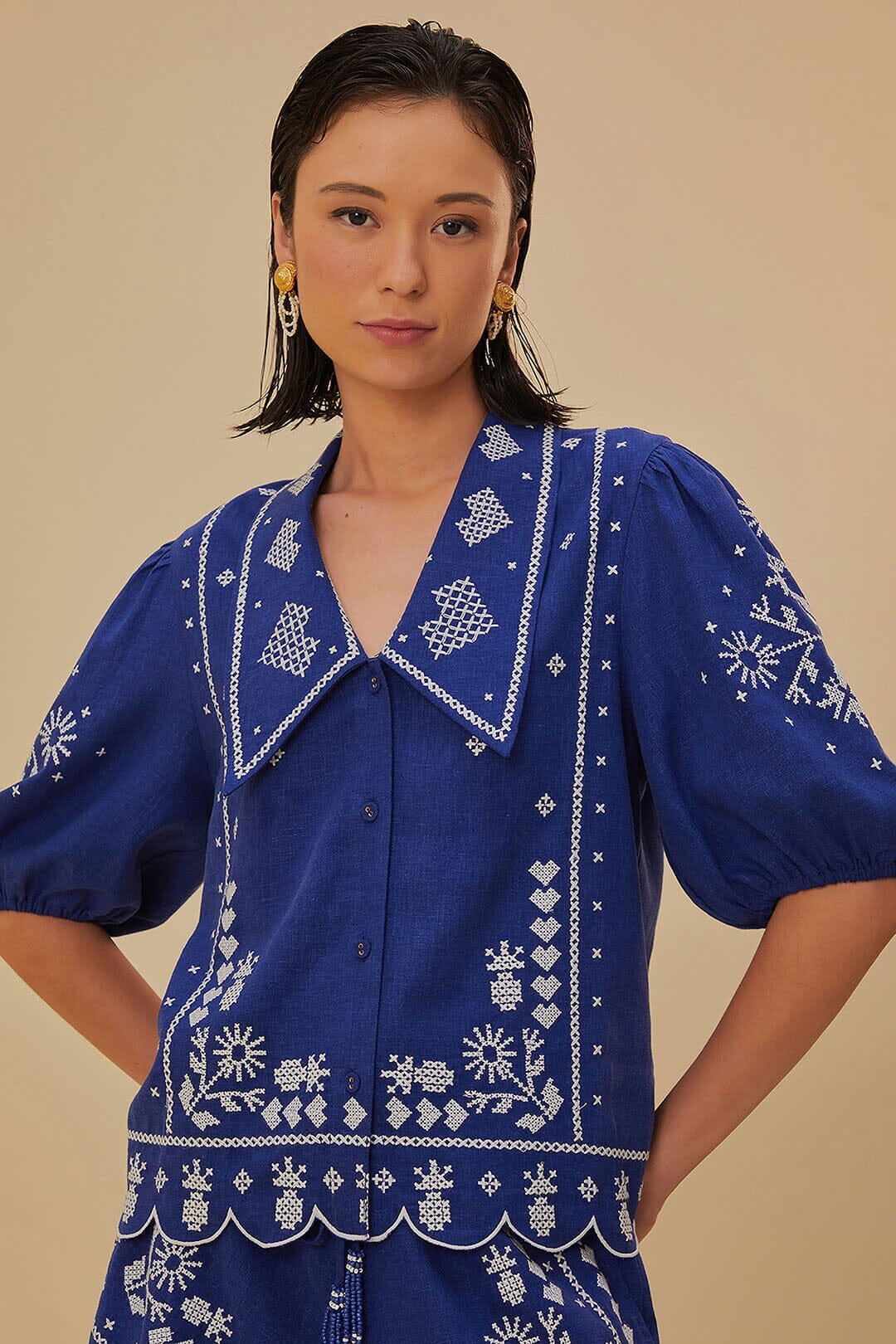 Farm Rio Navy Blue Embroidered Blouse