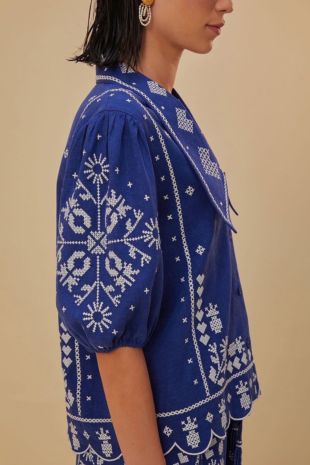 Farm Rio Navy Blue Embroidered Blouse