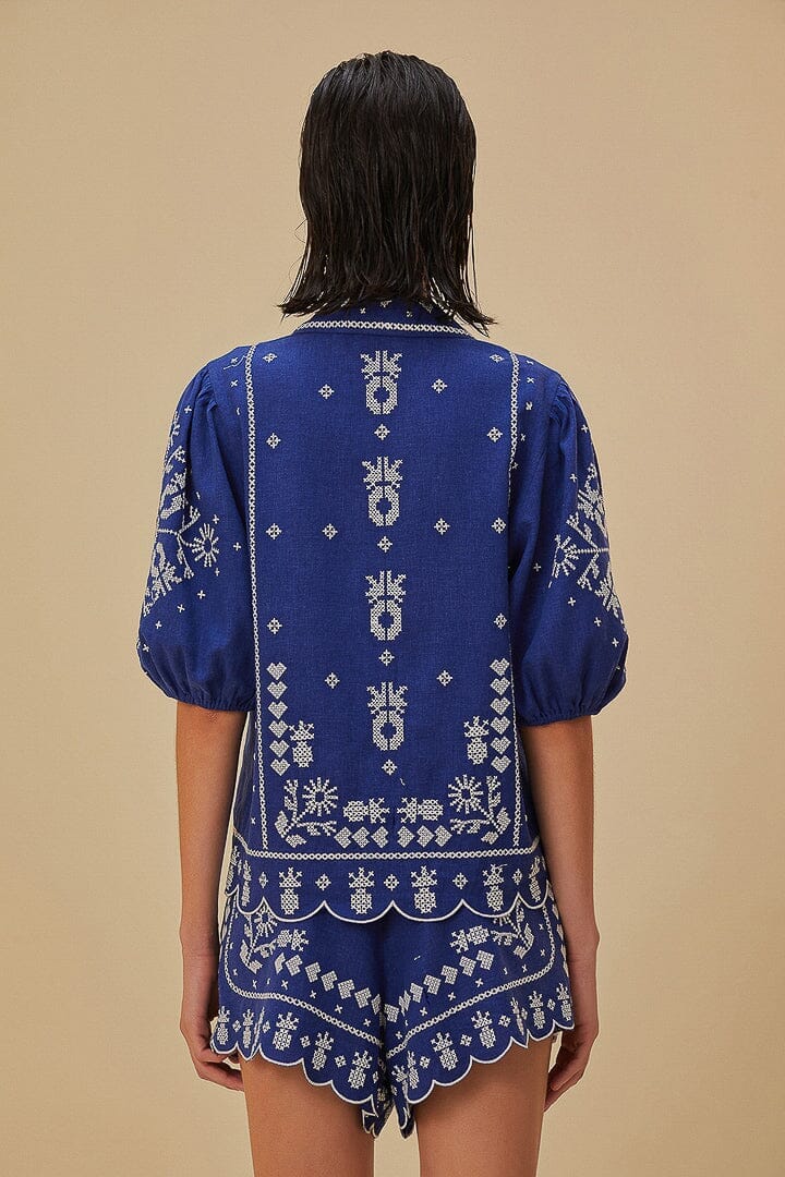 Farm Rio Navy Blue Embroidered Blouse