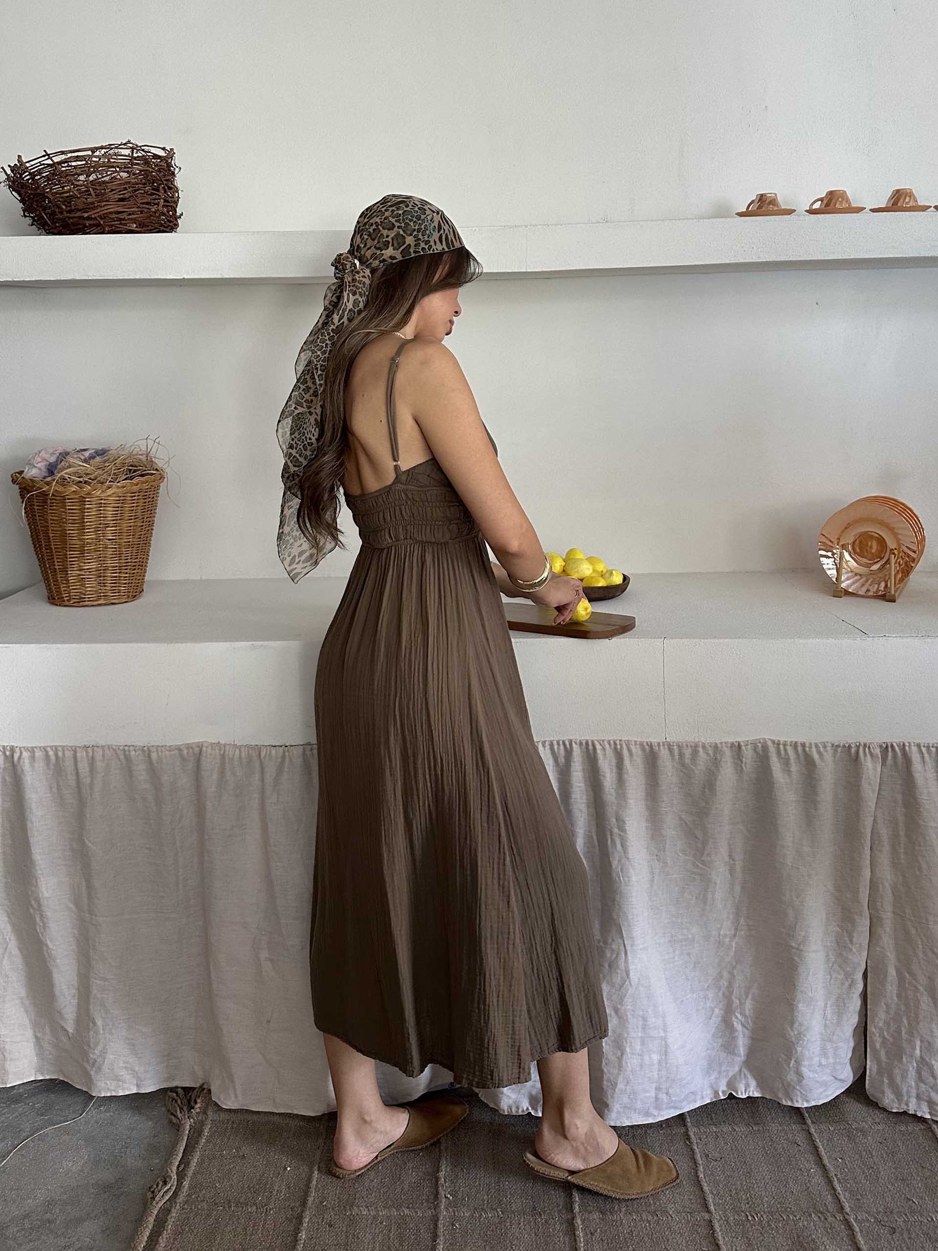 Eveline İp Askılı Müslin Kumaş Elbise Kahverengi