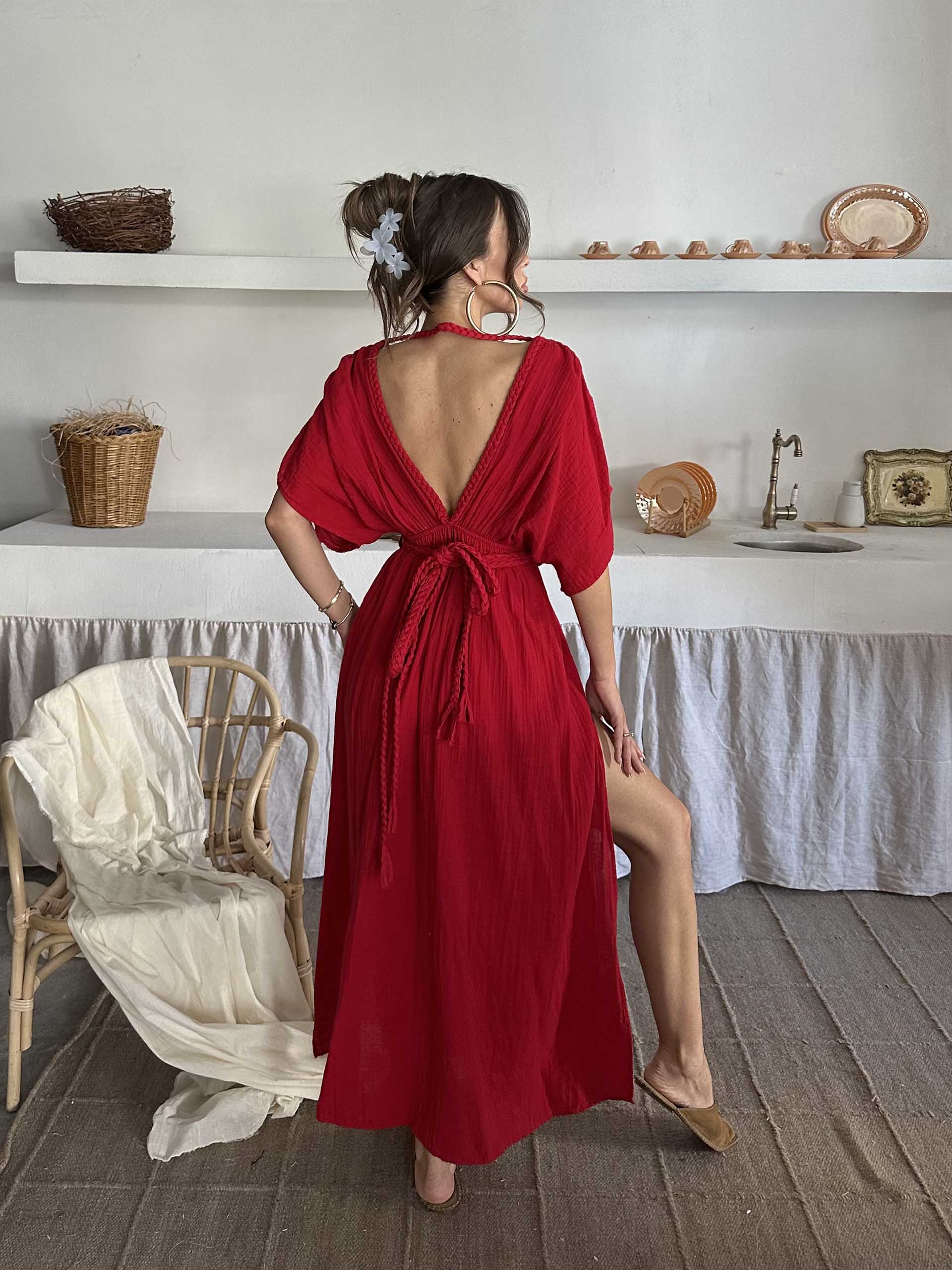 Elisa V Yaka Müslin Kumaş Elbise Kırmızı
