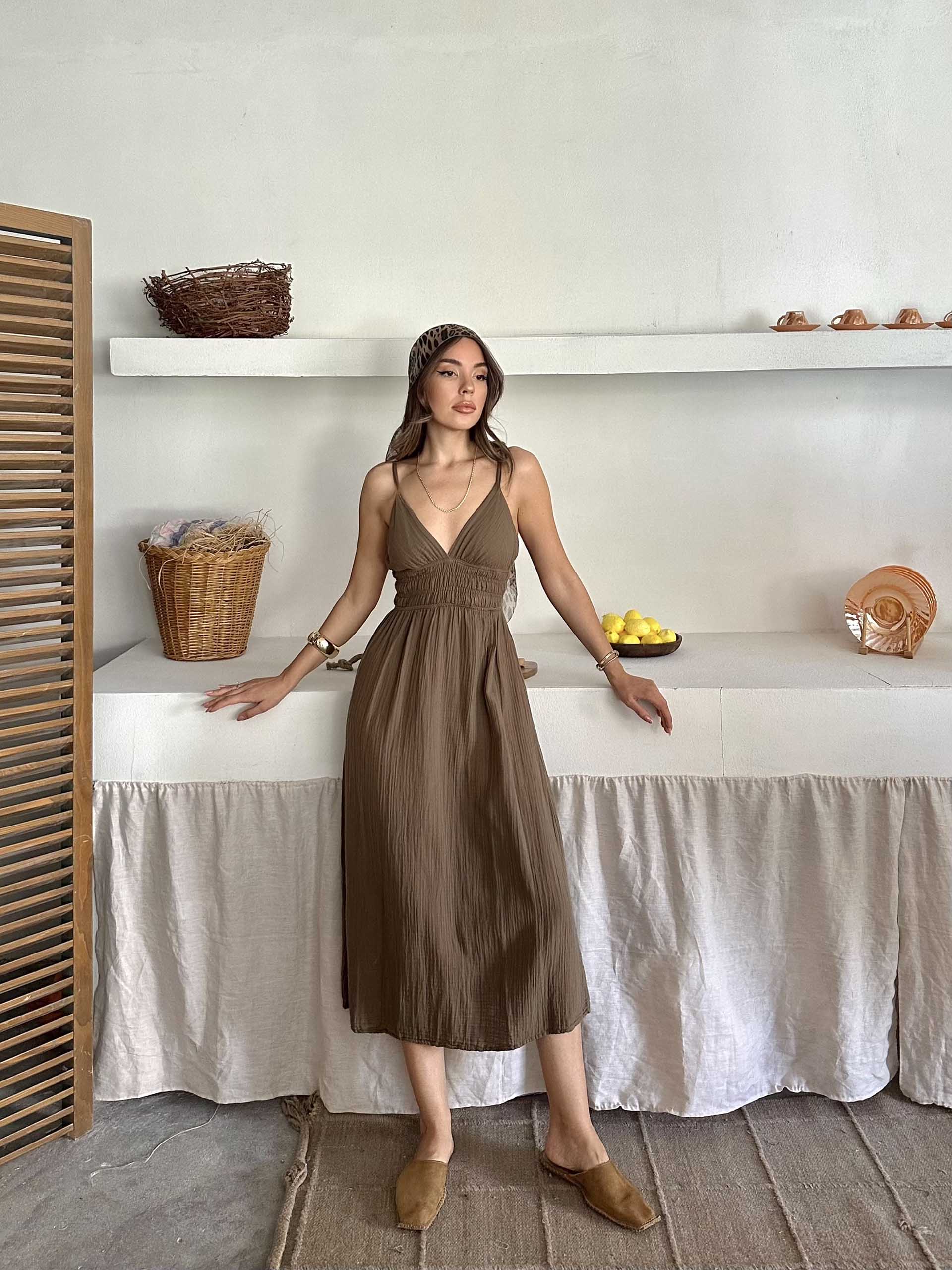 Eveline İp Askılı Müslin Kumaş Elbise Kahverengi