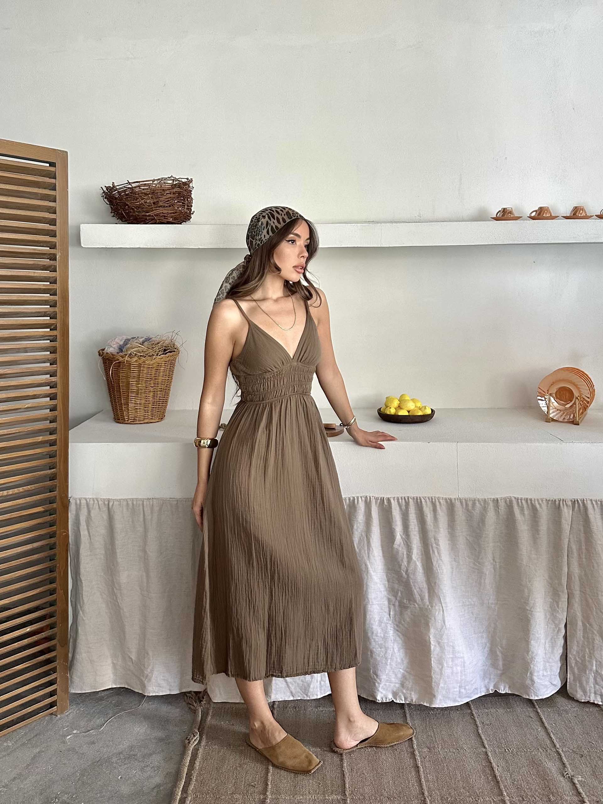 Eveline İp Askılı Müslin Kumaş Elbise Kahverengi