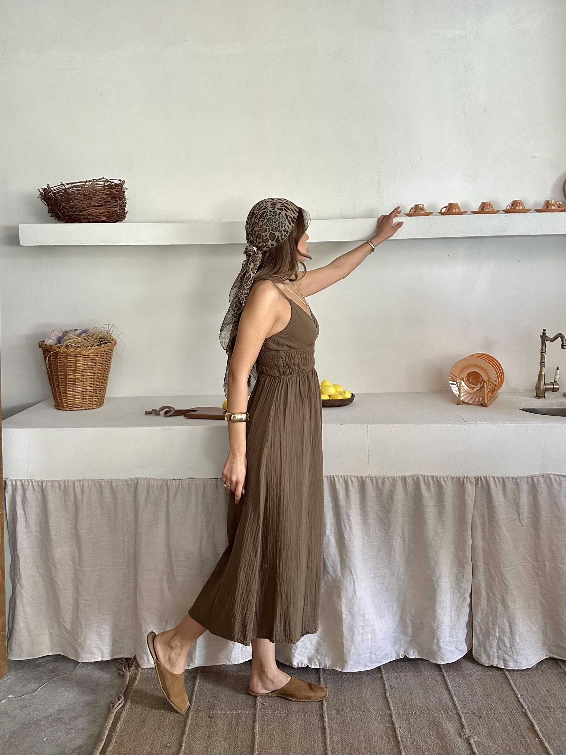 Eveline İp Askılı Müslin Kumaş Elbise Kahverengi