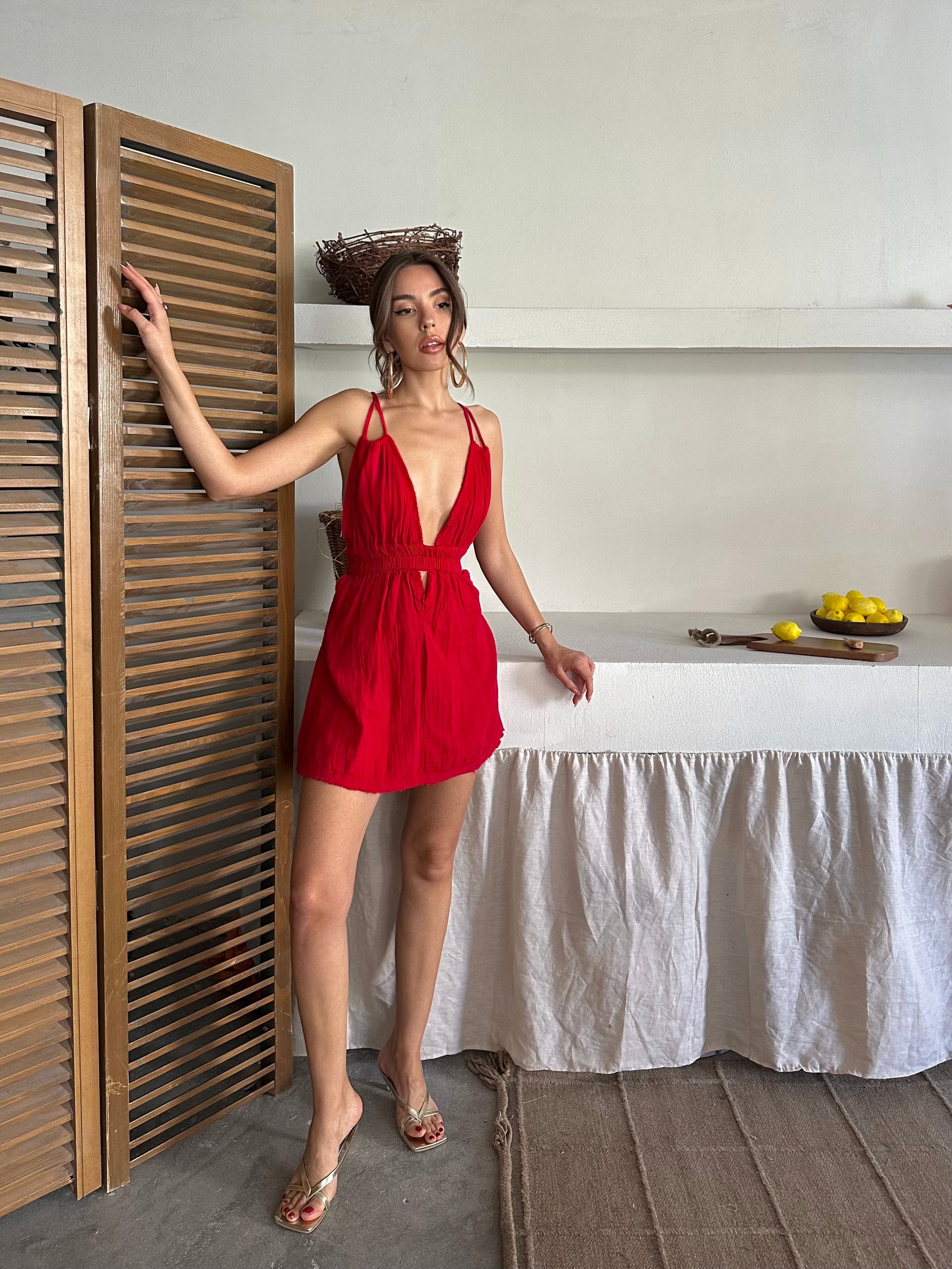 Alfrida İp Askılı Müslin Kumaş Elbise Kırmızı