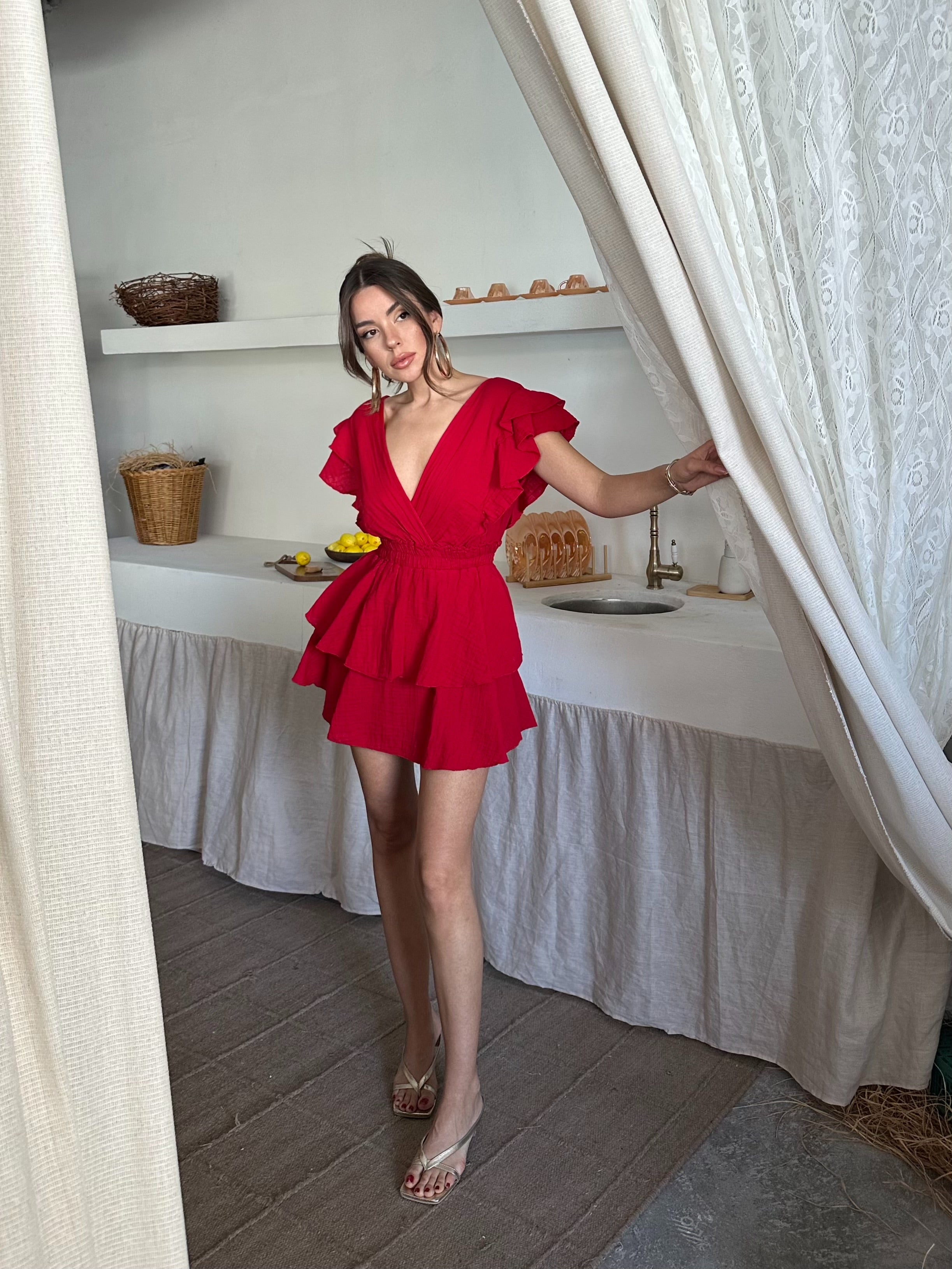 Emma V Yaka Müslin Kumaş Elbise Kırmızı