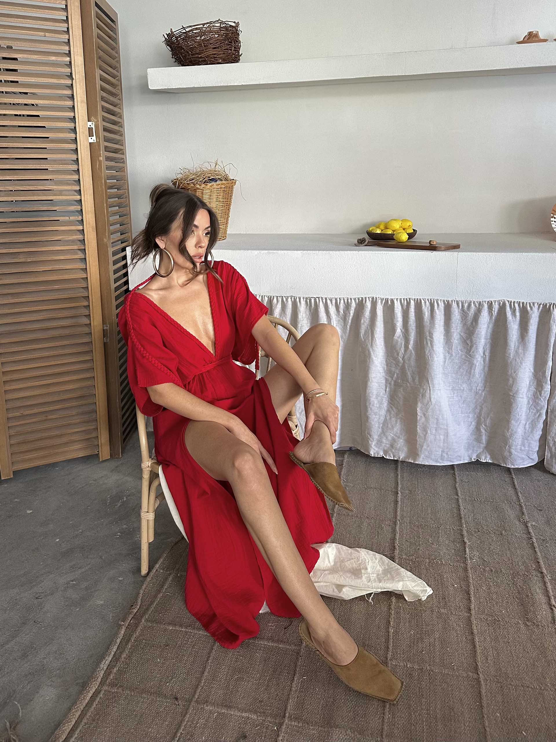 Elisa V Yaka Müslin Kumaş Elbise Kırmızı