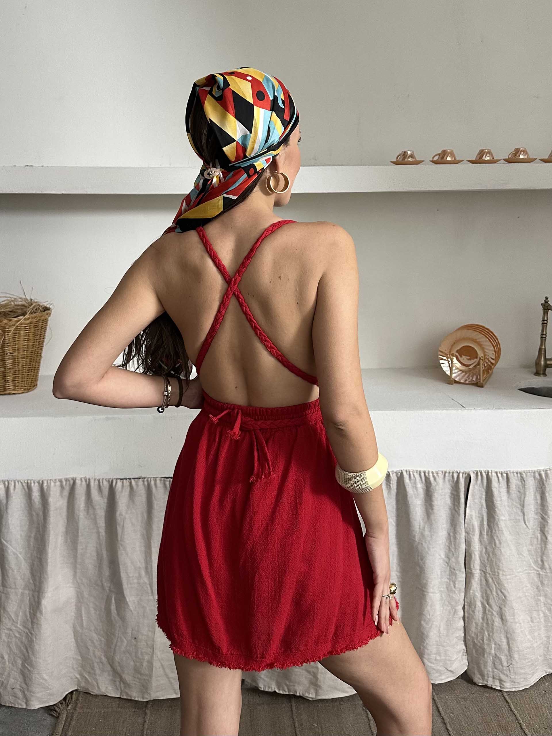 Brunella İp Askılı Müslin Kumaş Elbise Kırmızı