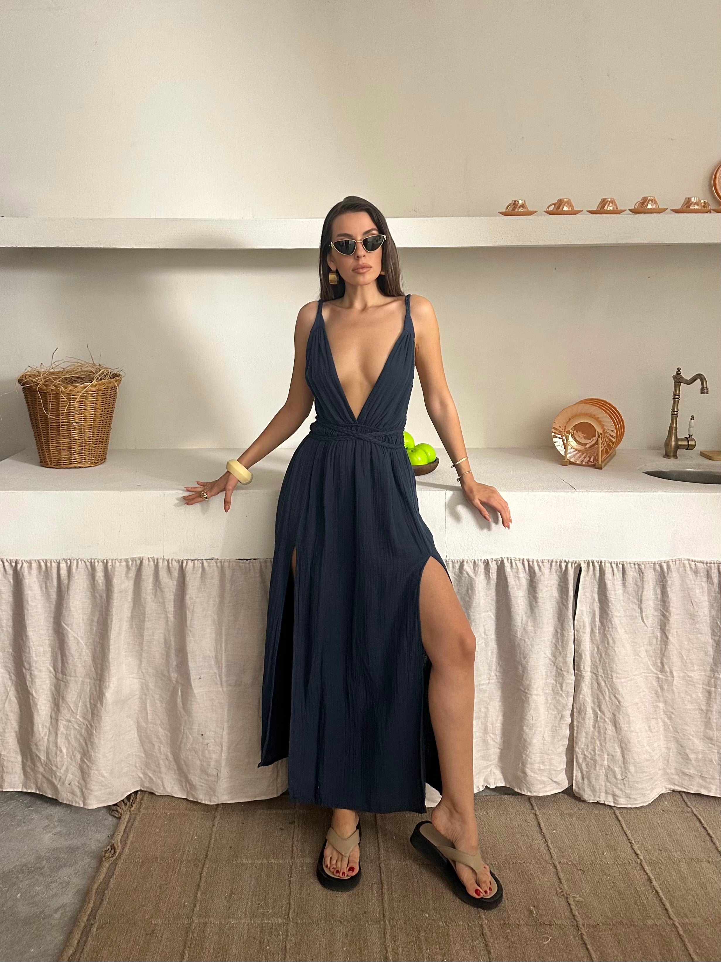 İsabella İp Askılı Müslin Kumaş Elbise Lacivert