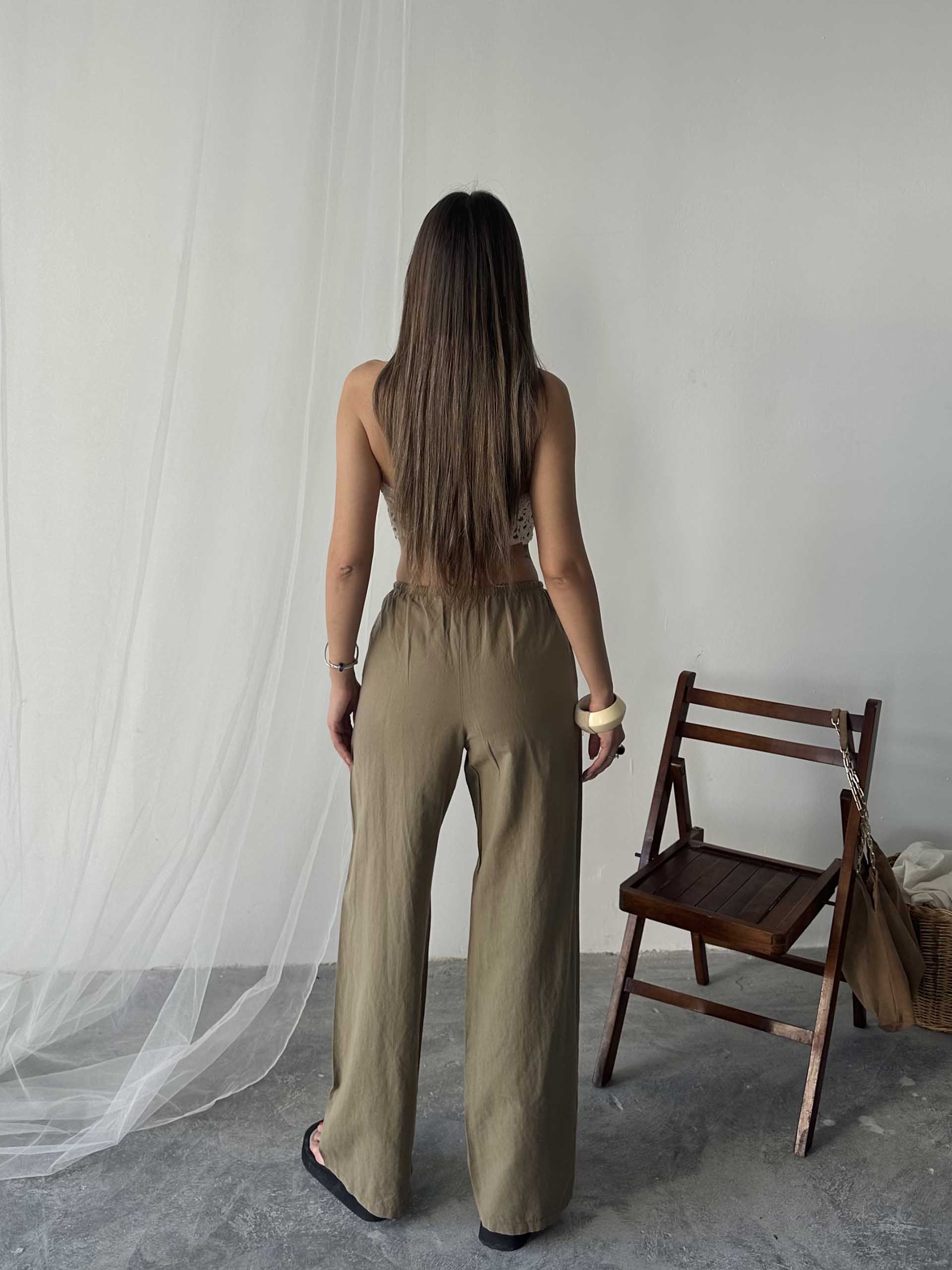 Nadia Keten Bel Kuşaklı Pantolon Kahverengi