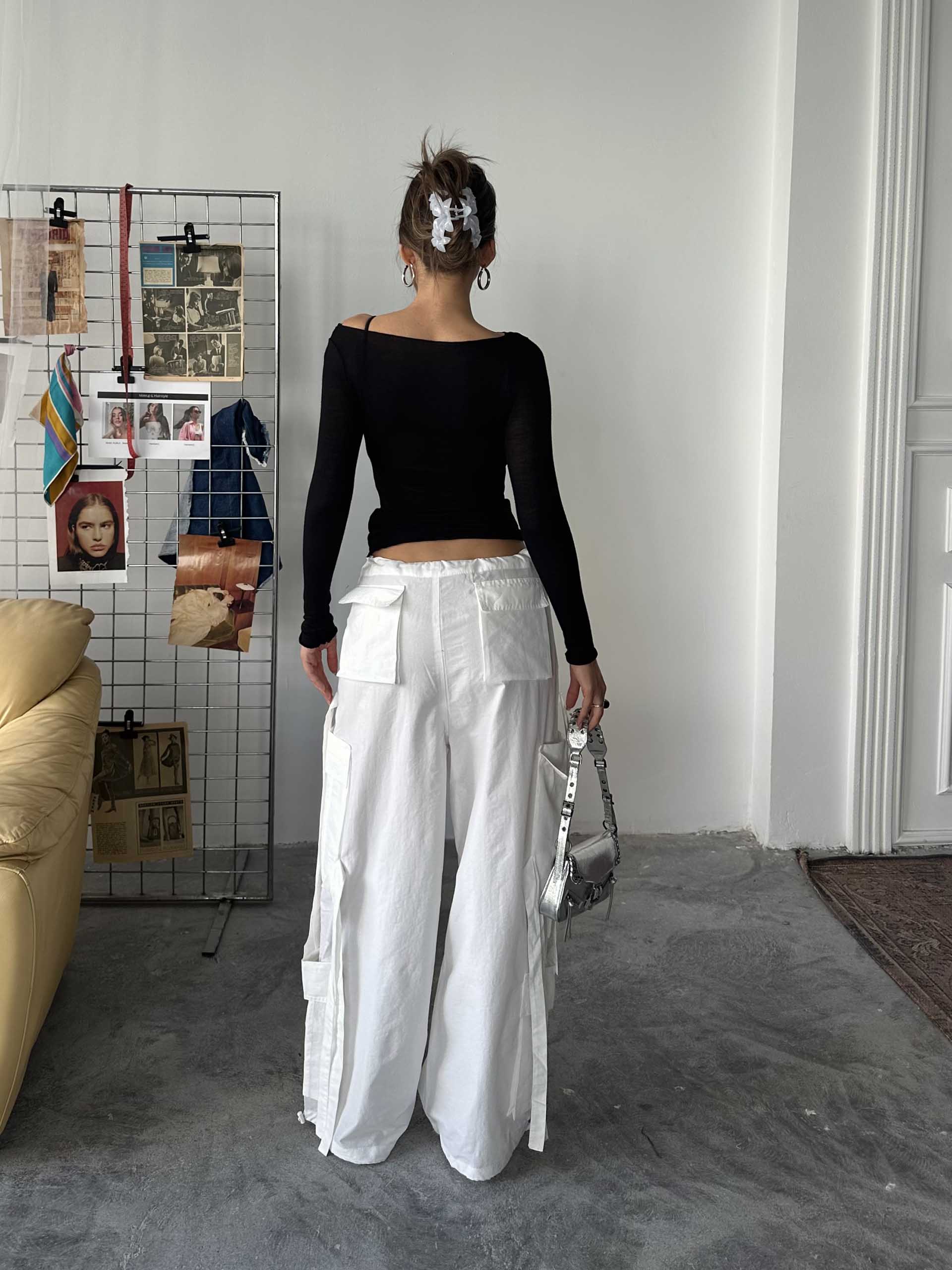 Sandra Tasarım Alien Marka Kargo Pantolon Beyaz