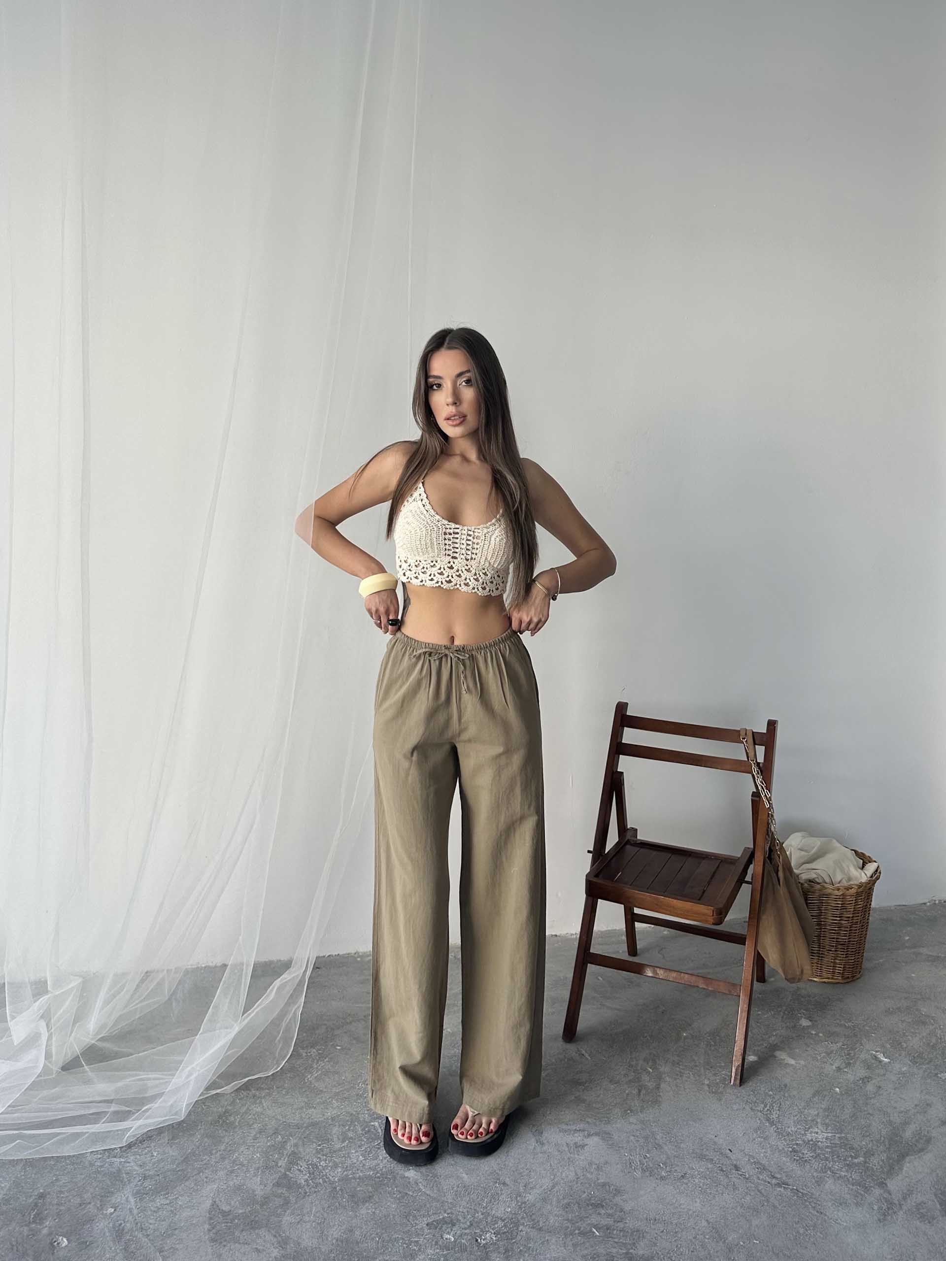 Nadia Keten Bel Kuşaklı Pantolon Kahverengi