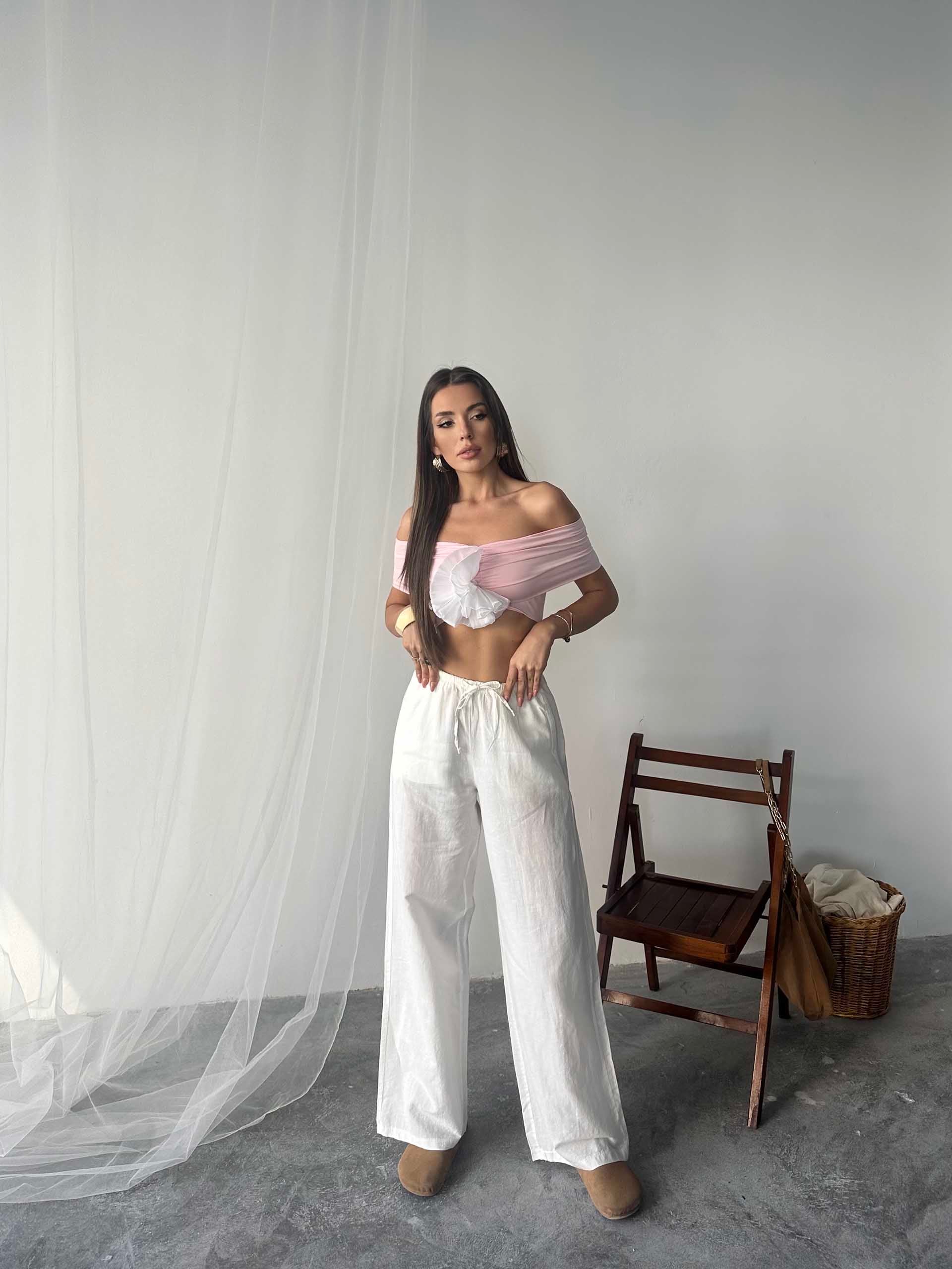 Nadia Keten Bel Kuşaklı Pantolon Beyaz