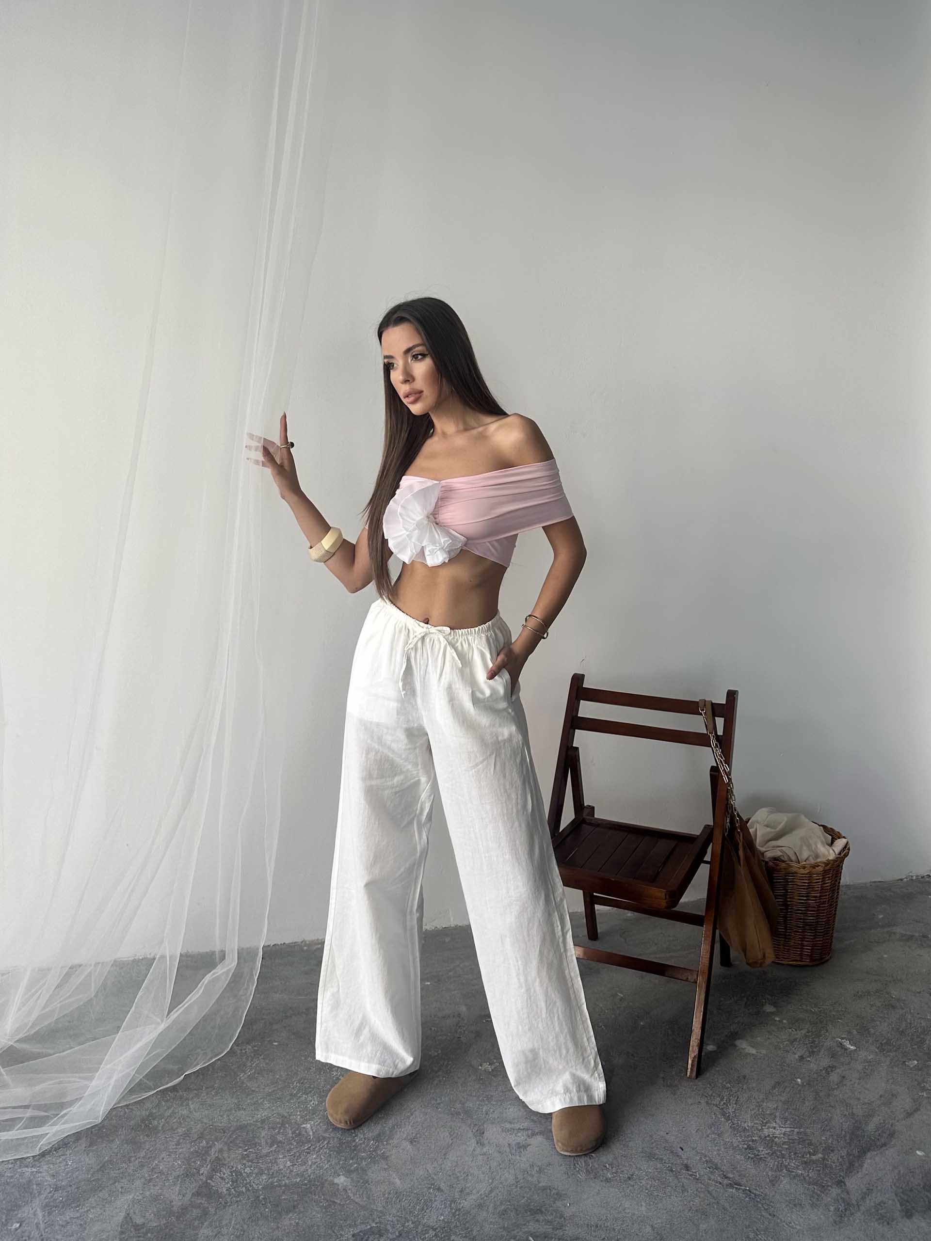 Nadia Keten Bel Kuşaklı Pantolon Beyaz