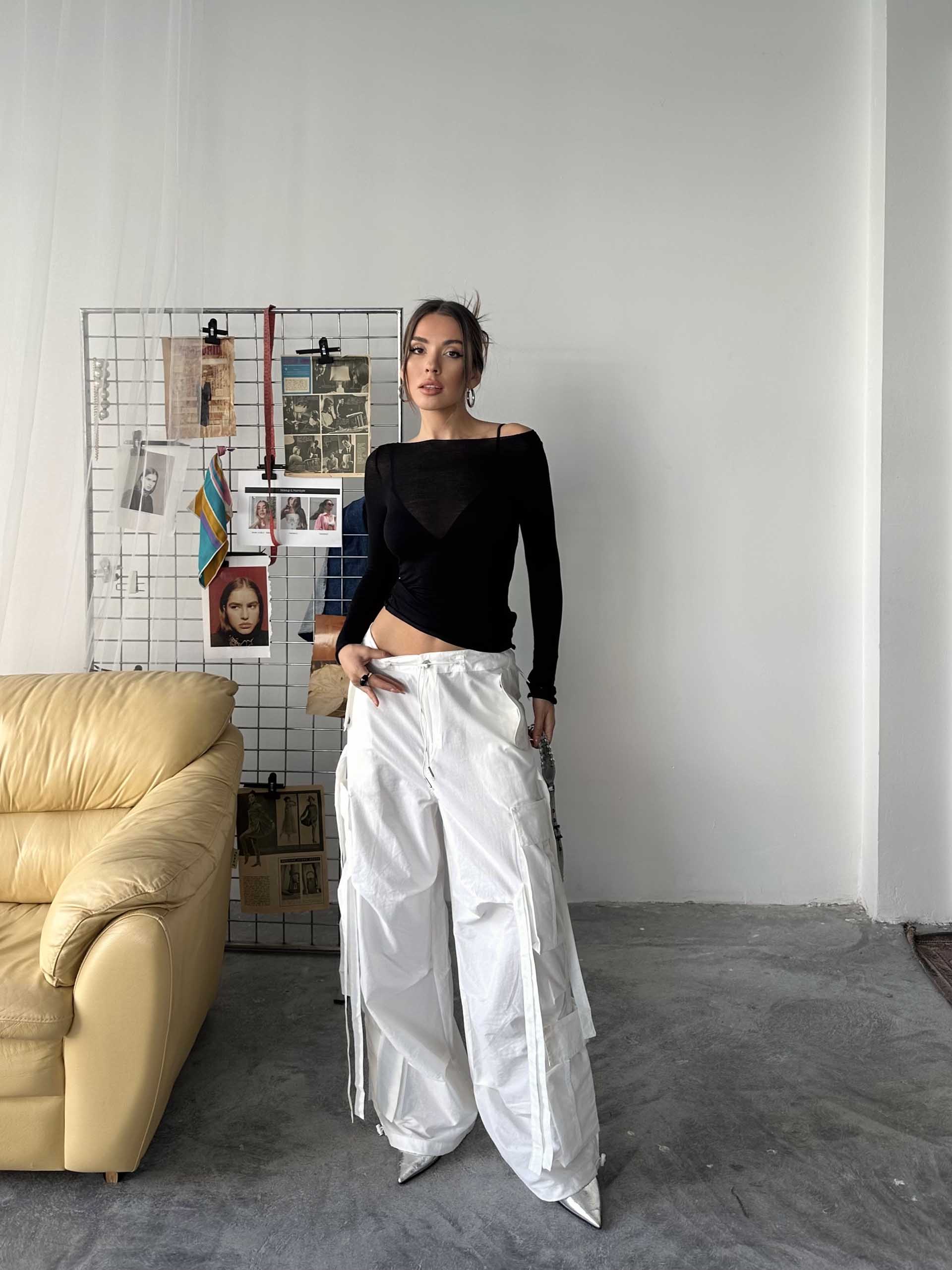 Sandra Tasarım Alien Marka Kargo Pantolon Beyaz