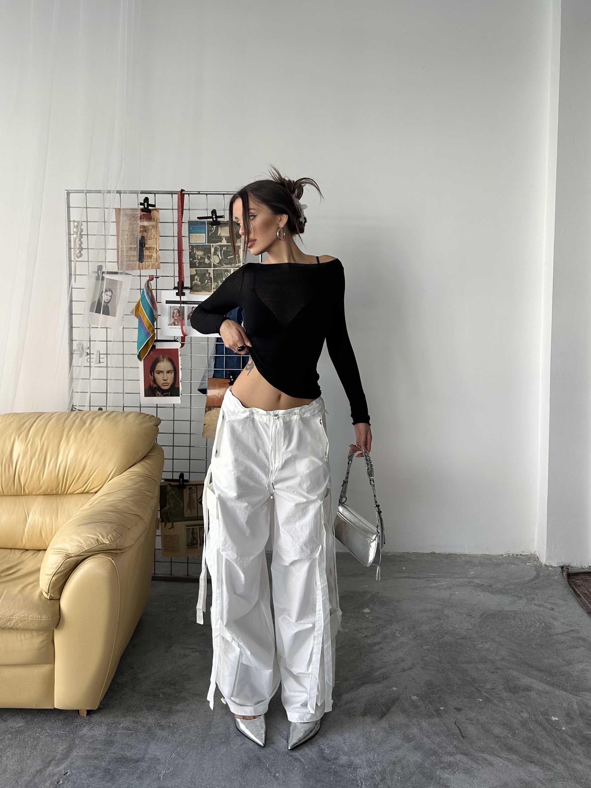 Sandra Tasarım Alien Marka Kargo Pantolon Beyaz