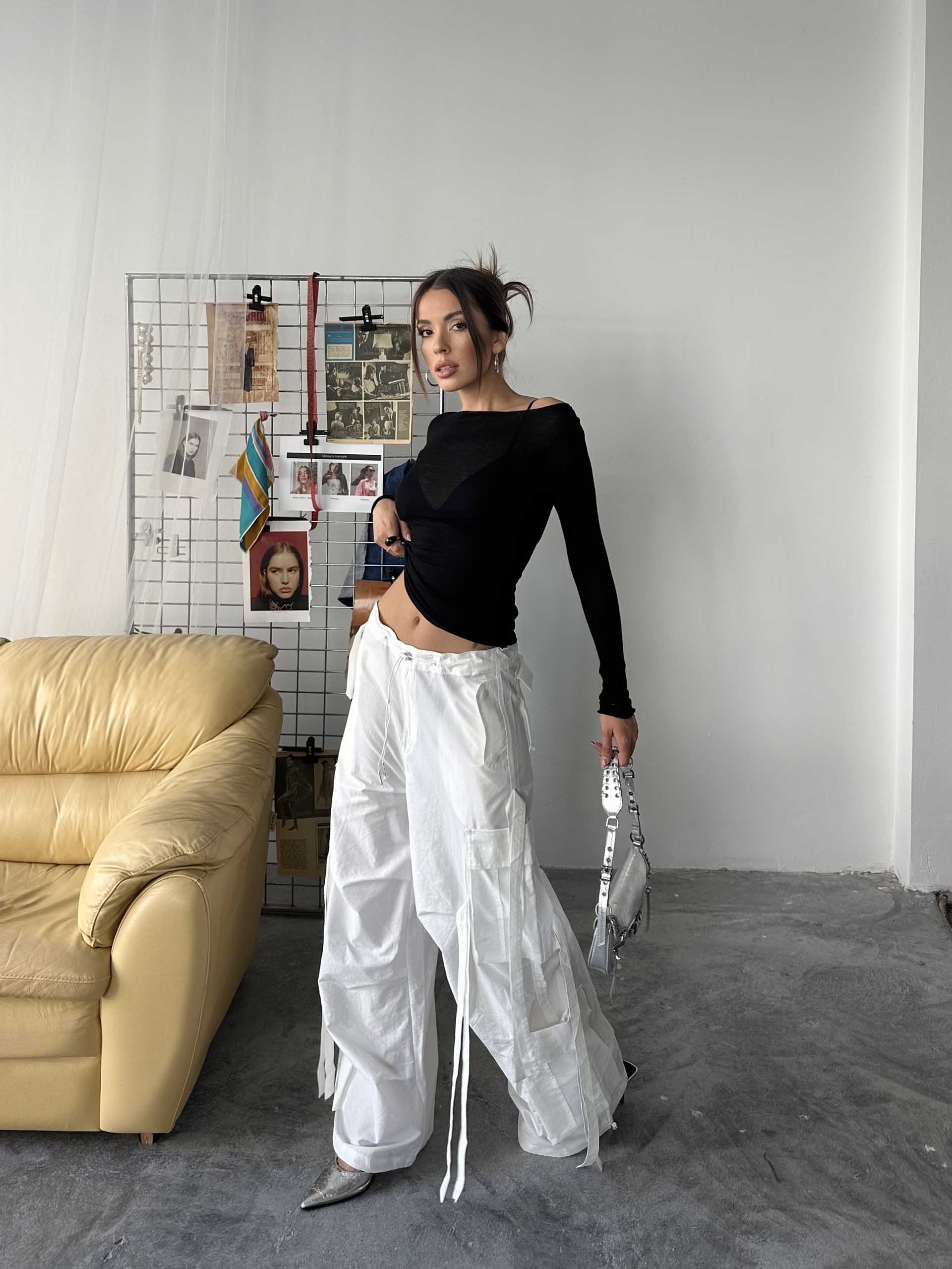 Sandra Tasarım Alien Marka Kargo Pantolon Beyaz