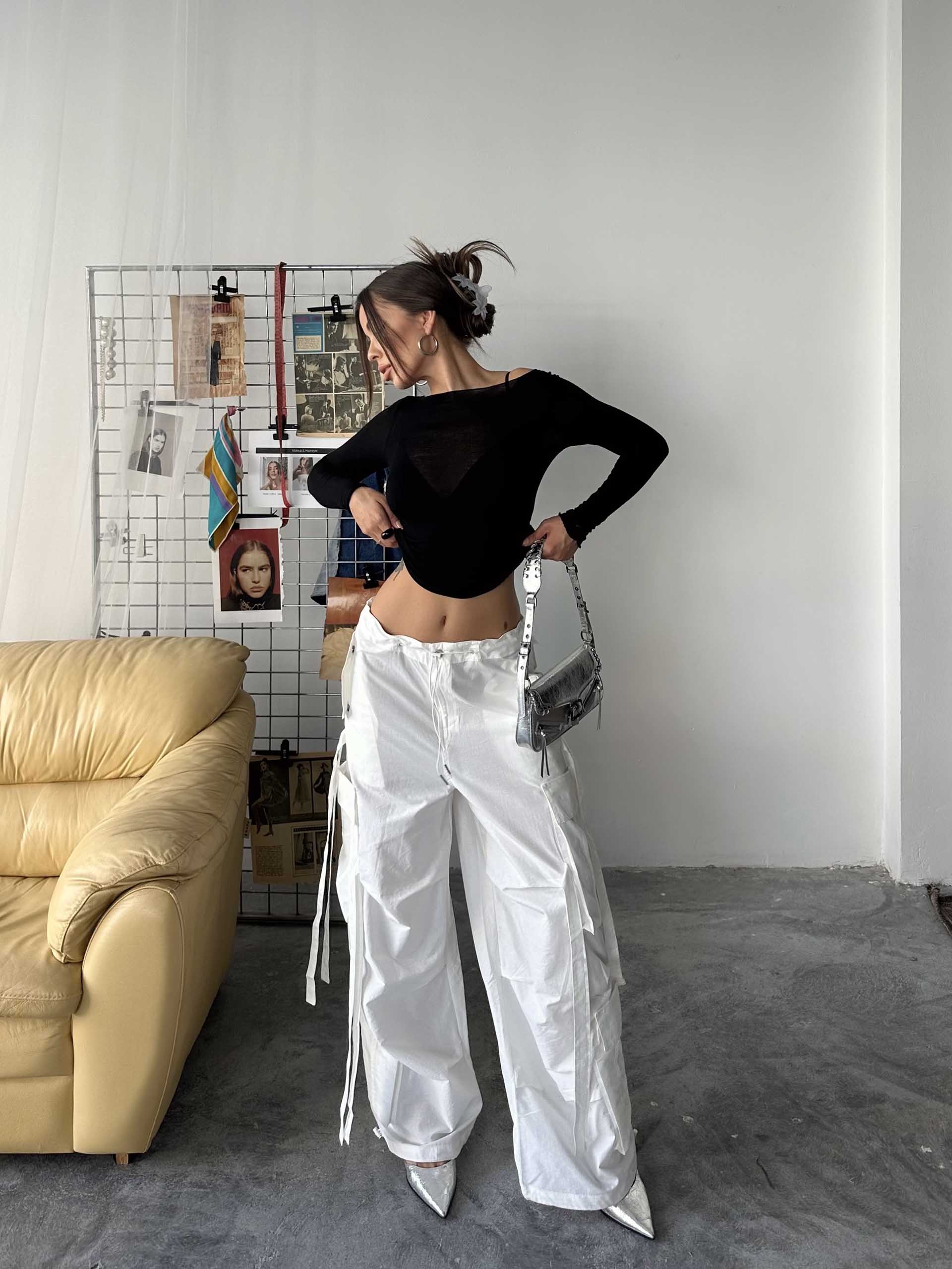 Sandra Tasarım Alien Marka Kargo Pantolon Beyaz