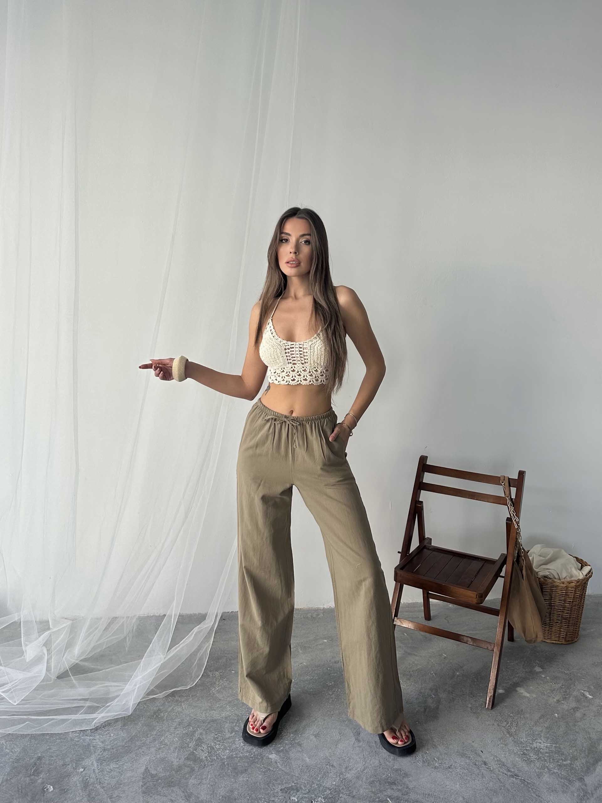 Nadia Keten Bel Kuşaklı Pantolon Kahverengi