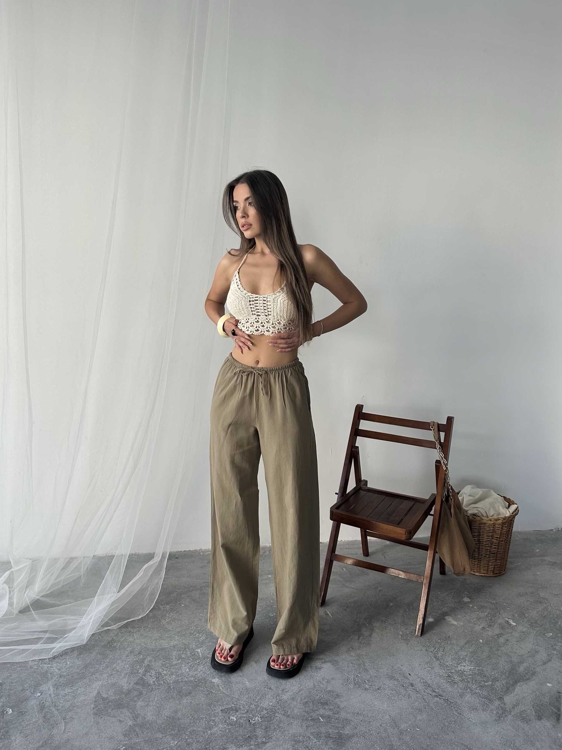 Nadia Keten Bel Kuşaklı Pantolon Kahverengi