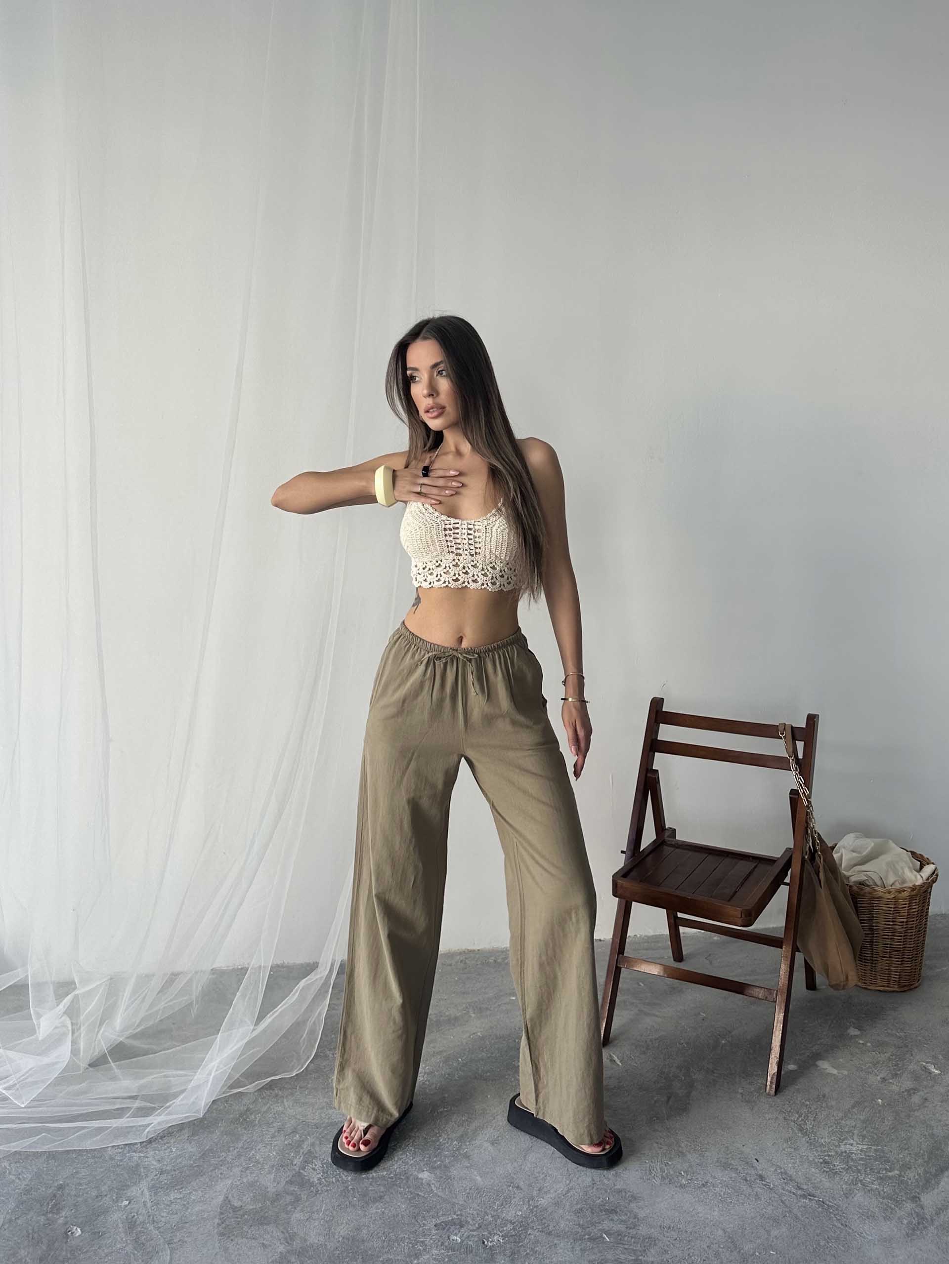 Nadia Keten Bel Kuşaklı Pantolon Kahverengi