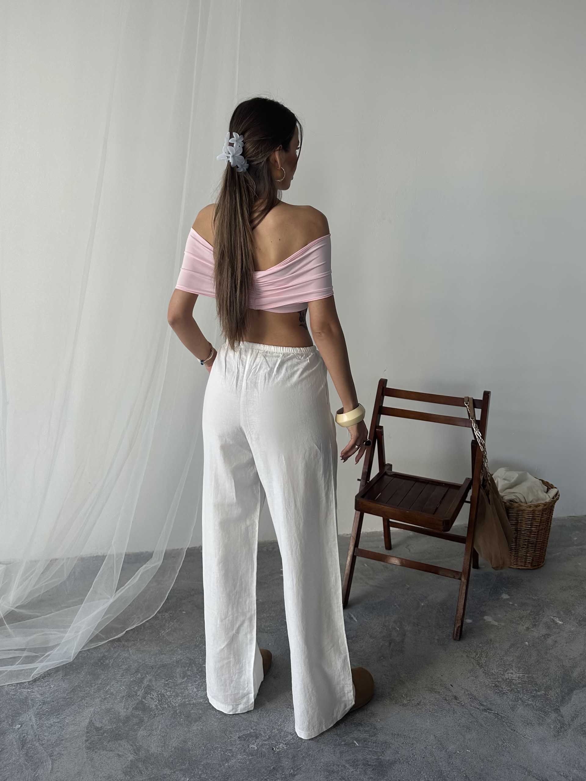 Nadia Keten Bel Kuşaklı Pantolon Beyaz