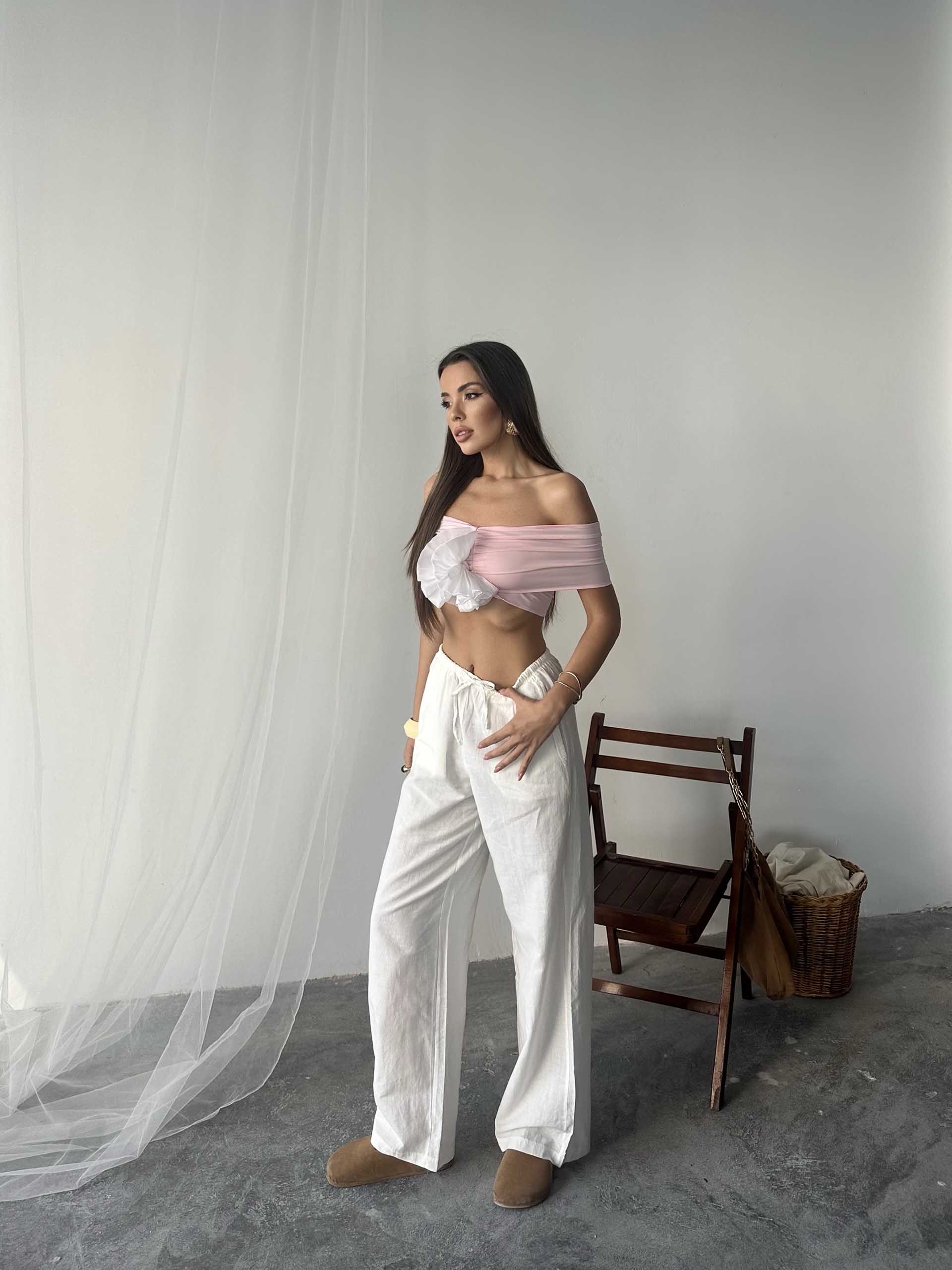 Nadia Keten Bel Kuşaklı Pantolon Beyaz