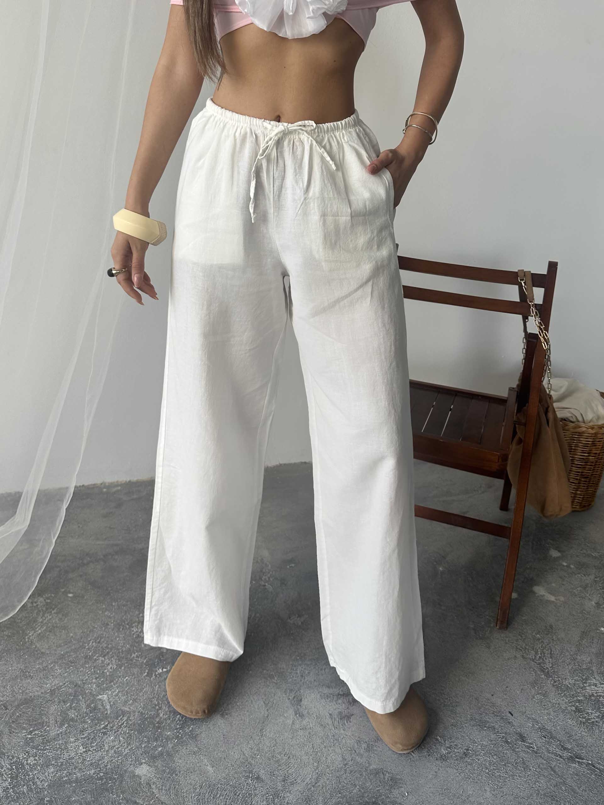 Nadia Keten Bel Kuşaklı Pantolon Beyaz