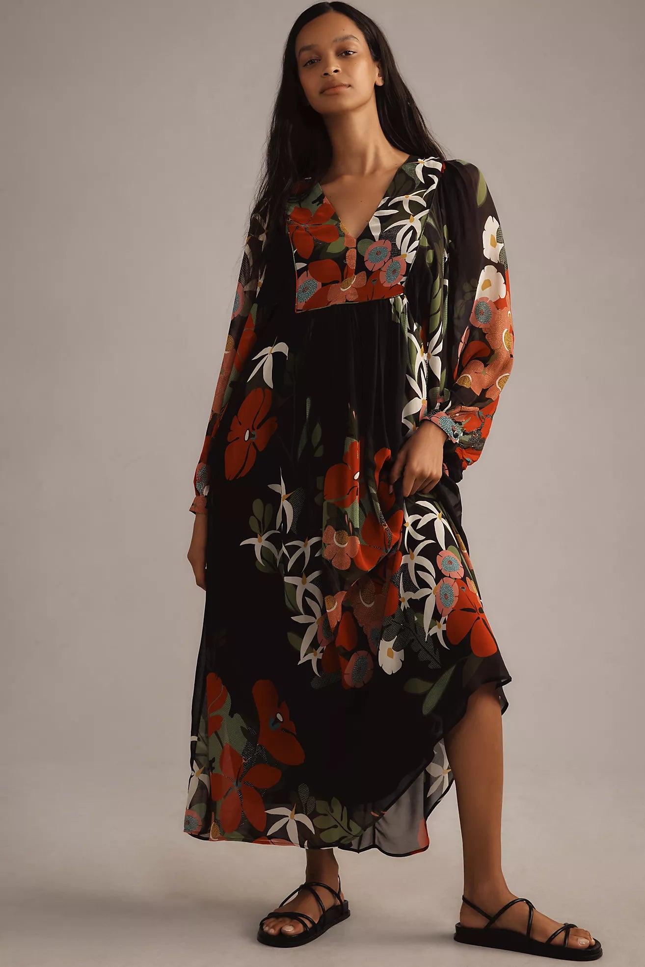Long Sleeve V Neck Farm Maxii Dress