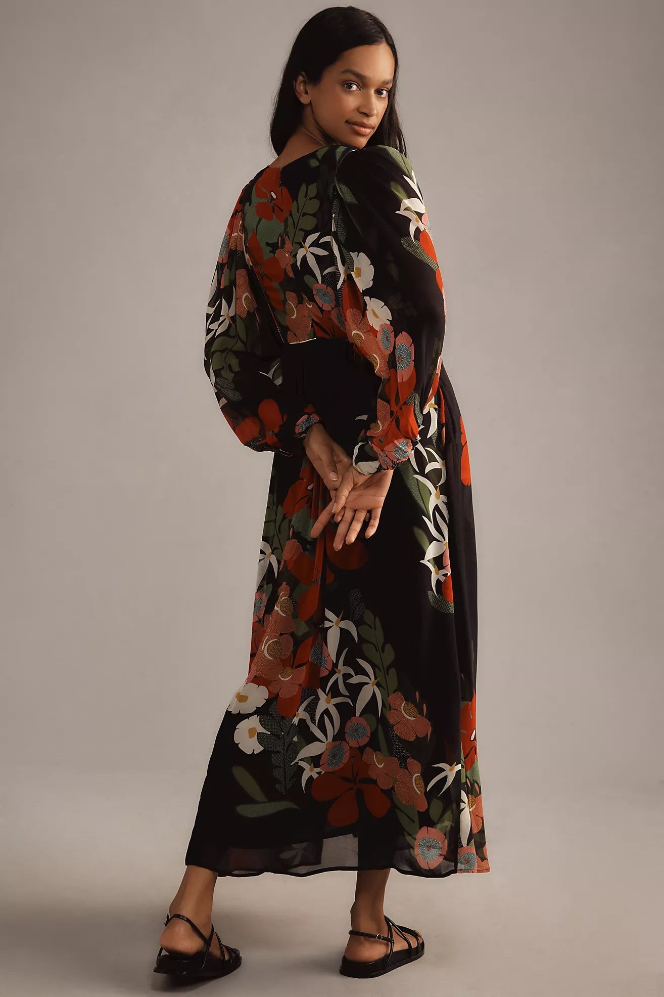 Long Sleeve V Neck Farm Maxii Dress