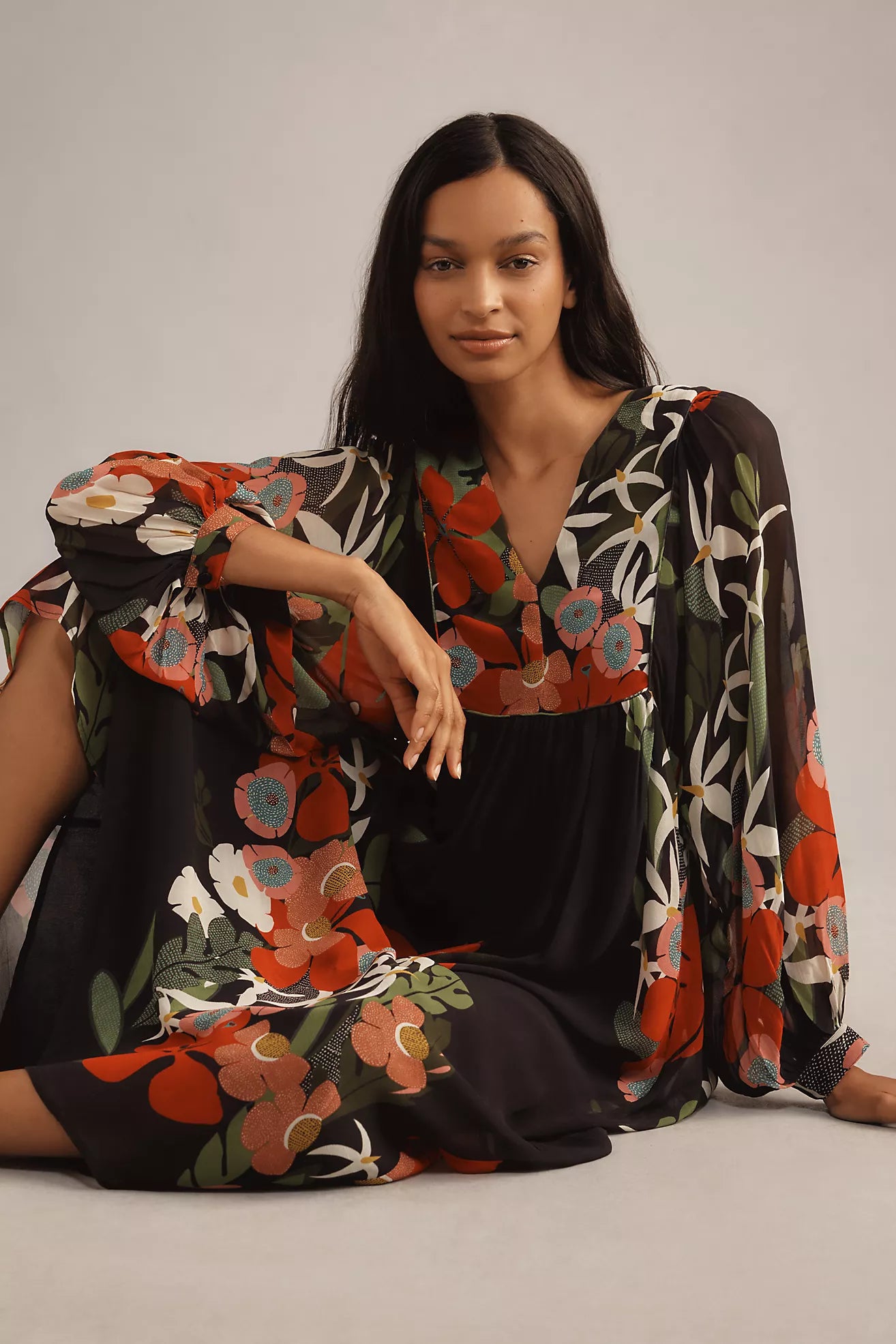 Long Sleeve V Neck Farm Maxii Dress