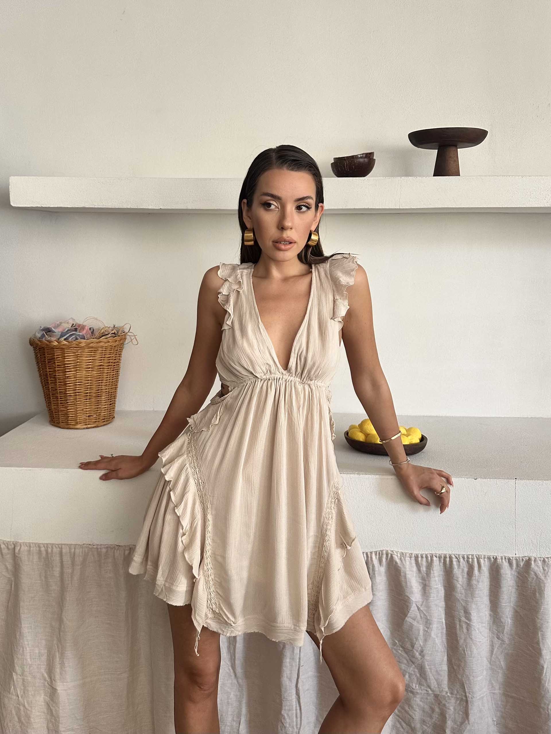 Amanda İthal Elbise Bej